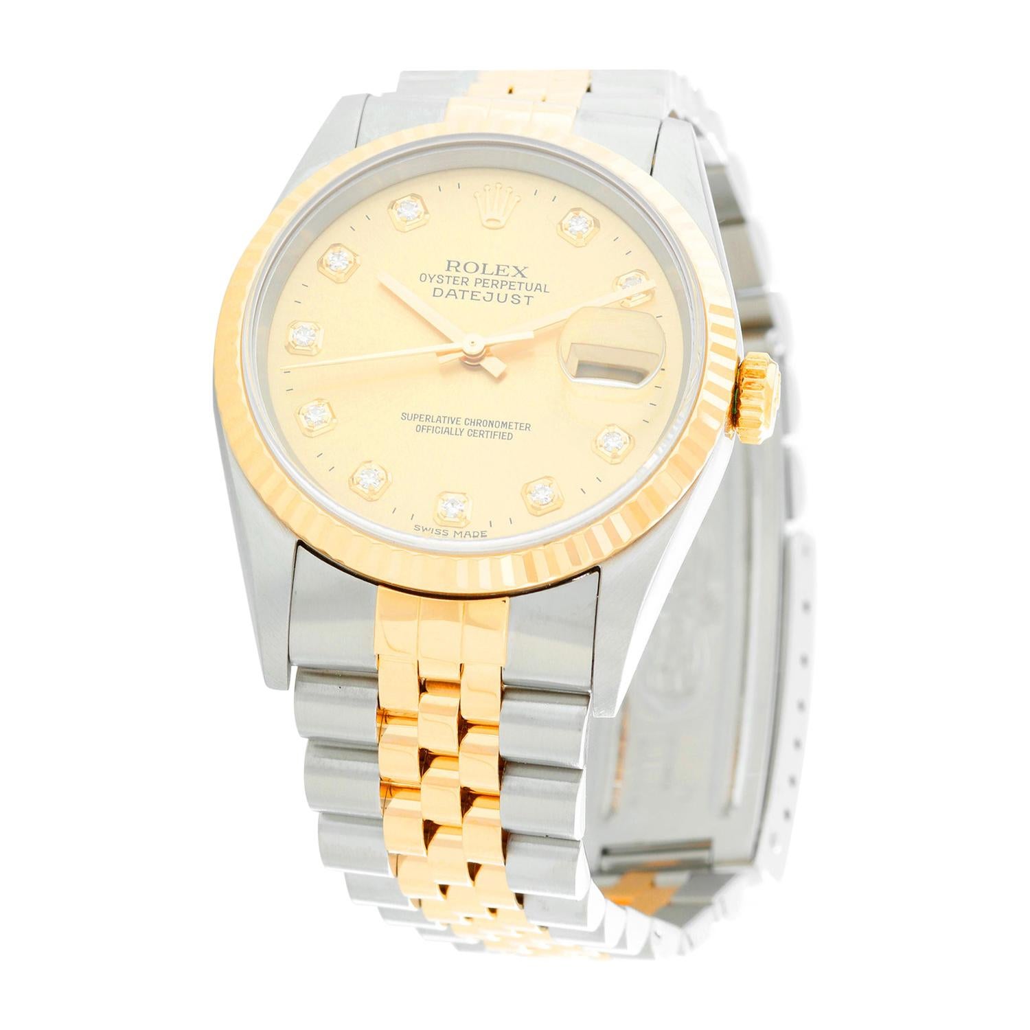Rolex Datejust 2-Tone Men's Steel & Gold Watch 16233 - Automatic winding, Quickset, sapphire crystal. Stainless steel case with yellow gold bezel  (36mm diameter). Factory Champagne diamond dial. Stainless steel and 18k yellow gold Jubilee bracelet.