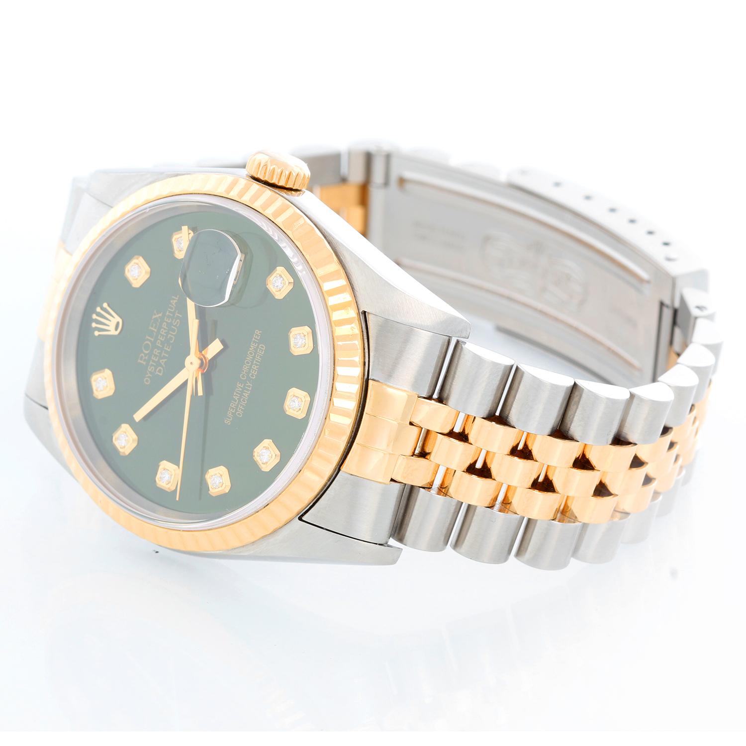 Rolex Datejust 2-Tone Men's Steel & Gold Watch 16233 - Automatic winding, Quickset, sapphire crystal. Stainless steel case with yellow gold bezel (36mm diameter). Green custom diamond dial . Stainless steel and 18k yellow gold Jubilee bracelet.