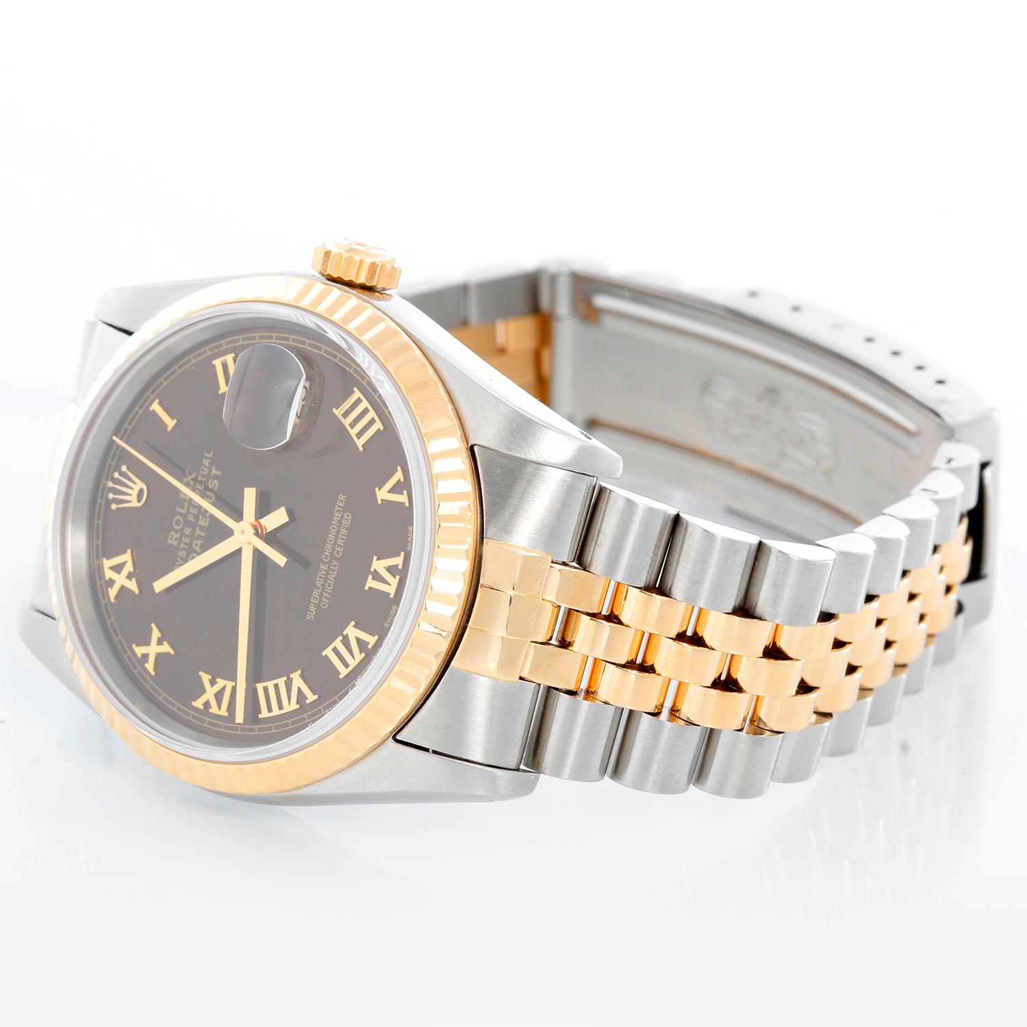 Rolex Datejust 2-Tone Men's Steel & Gold Watch 16233 - Automatic winding, Quickset, sapphire crystal. Stainless steel case with yellow gold bezel (36mm diameter). Copper dial with Roman numerals . Stainless steel and 18k yellow gold Jubilee