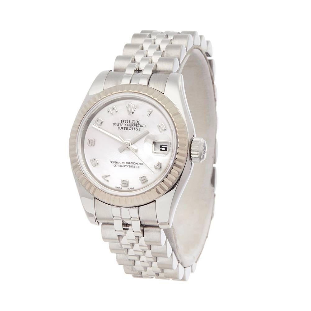 Ref: W5155
Manufacturer: Rolex
Model: Datejust
Model Ref: 179174
Age: 1st November 2006
Gender: Ladies
Complete With: Xupes Presentation Box & Guarantee
Dial: Mother of Pearl & Arabic Markers
Glass: Sapphire Crystal
Movement: Automatic
Water