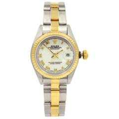 Rolex Datejust 26 18 Karat Gold Steel No Hole White Roman Dial Lady Watch 69173