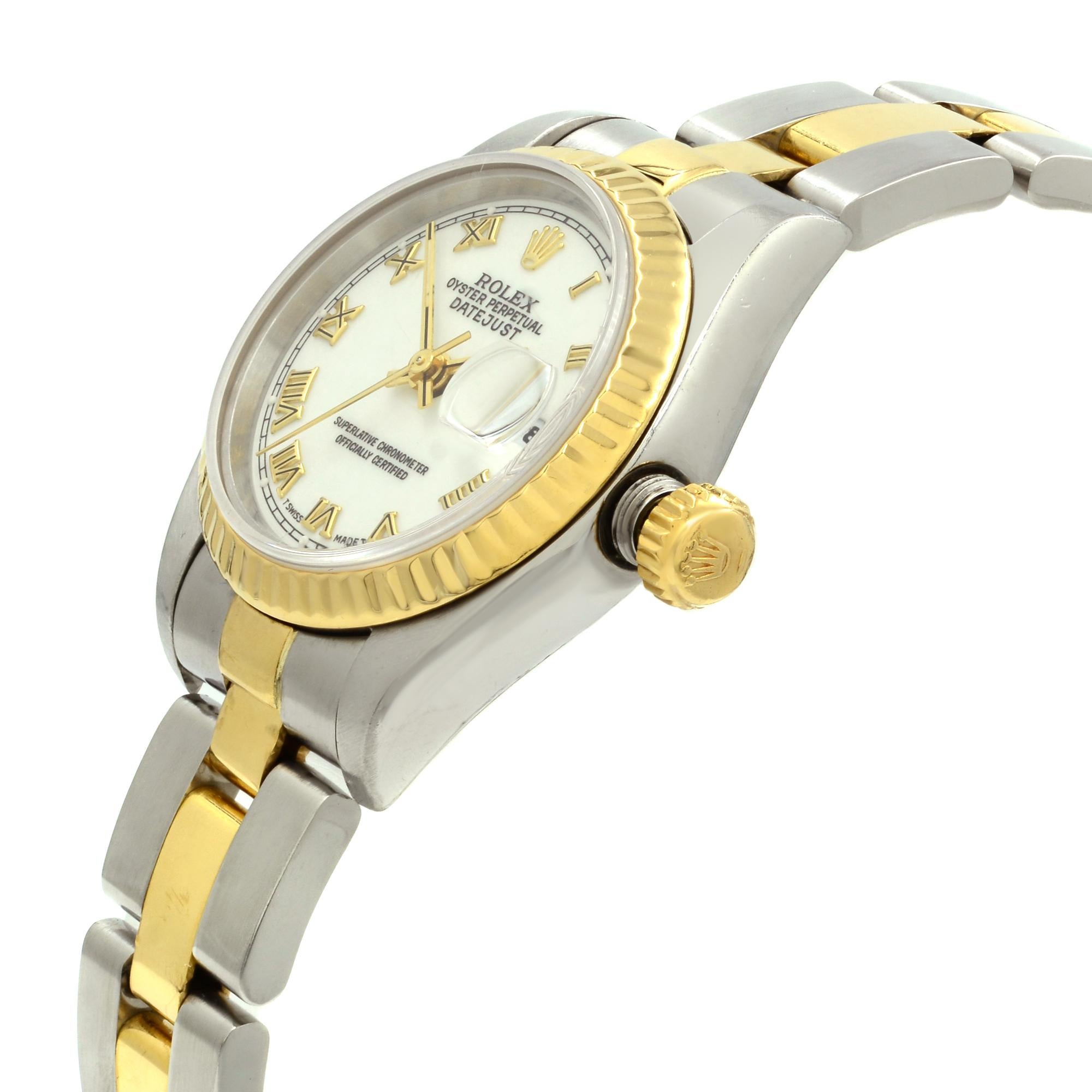 Rolex Datejust 26 18 Karat Gold Steel No Hole White Roman Dial Lady Watch 69173 In Good Condition In New York, NY