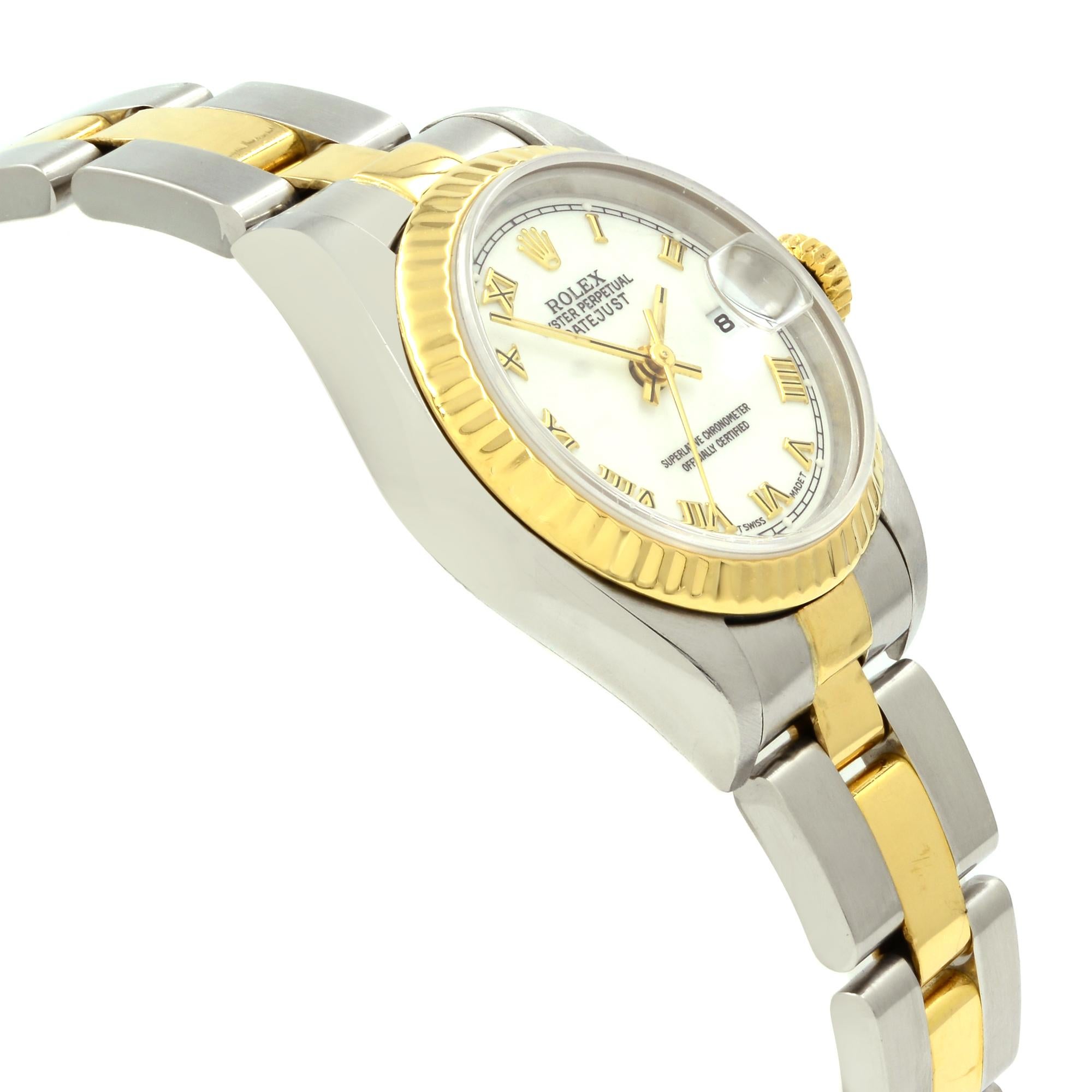 Women's Rolex Datejust 26 18 Karat Gold Steel No Hole White Roman Dial Lady Watch 69173