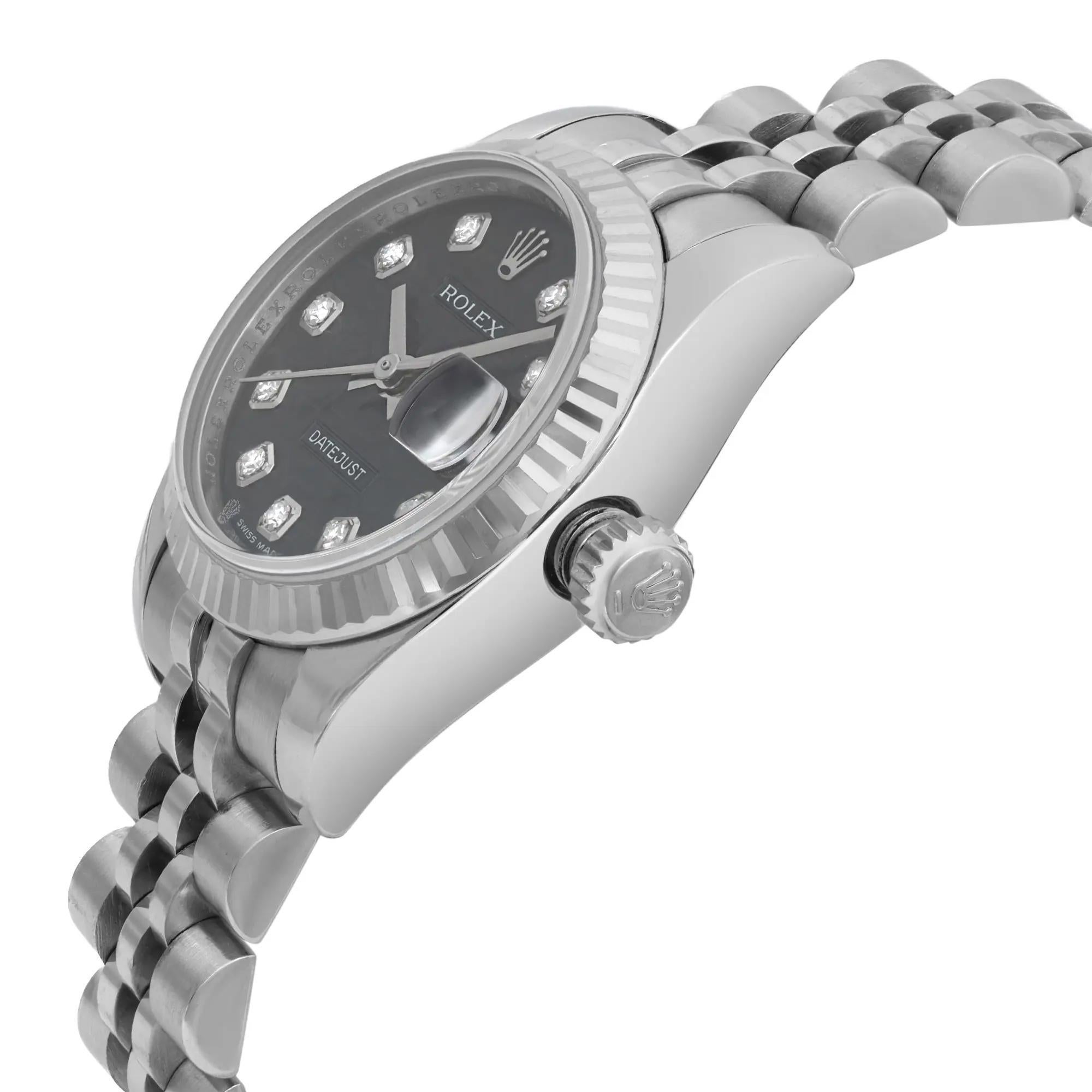 Rolex Datejust 26 18K White Gold Steel Black Jubilee Diamond Dial Watch 179174 In Good Condition For Sale In New York, NY
