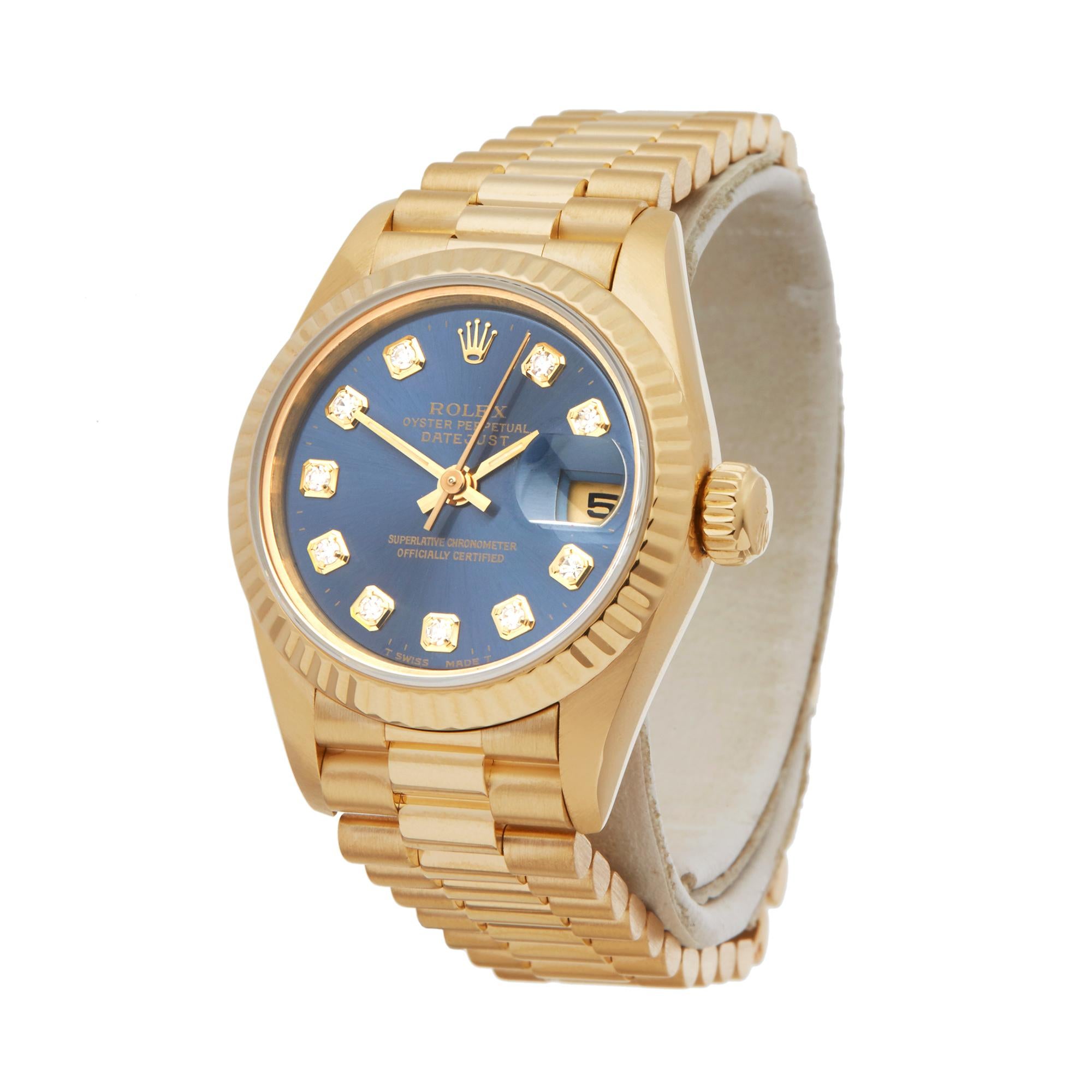 Reference: W5739
Manufacturer: Rolex
Model: Datejust
Model Reference: 69178
Age: Circa 1995
Gender: Women's
Box and Papers: Box Only
Dial: Blue Diamond Markers
Glass: Sapphire Crystal
Movement: Automatic
Water Resistance: To Manufacturers