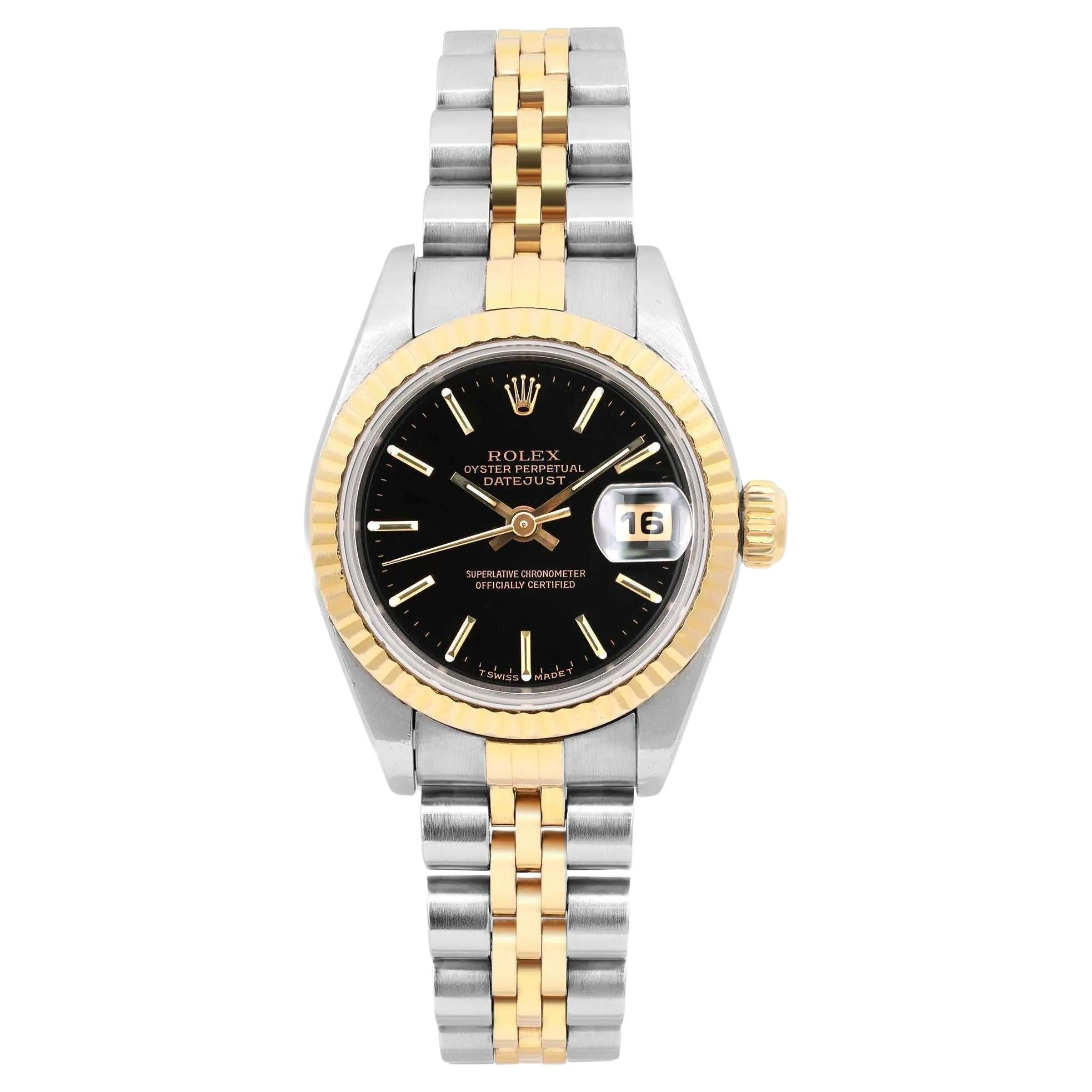 Rolex Datejust 26 18k Gelbgold Stahl schwarzes Zifferblatt Damenuhr 69173