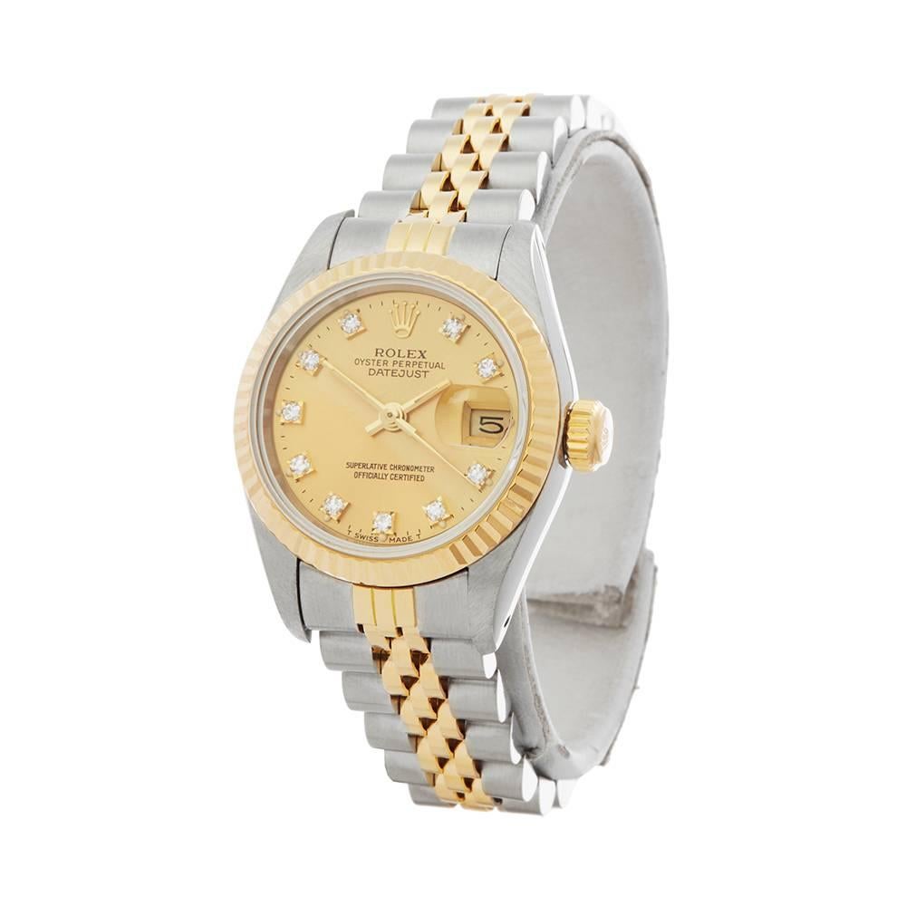 Ref: W5166
Manufacturer: Rolex
Model: Datejust
Model Ref: 69173
Age: 
Gender: Ladies
Complete With: Xupes Presentation Box
Dial: Champagne Diamond Markers
Glass: Sapphire Crystal
Movement: Automatic
Water Resistance: To Manufacturers