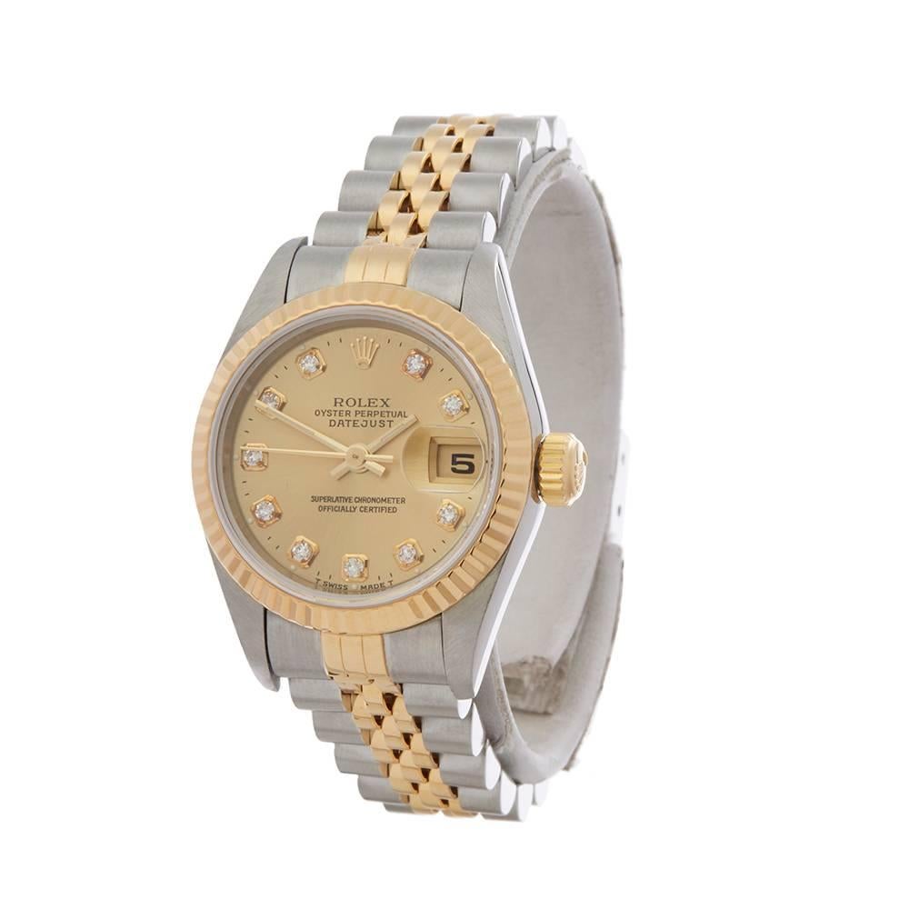 Ref: W5167
Manufacturer: Rolex
Model: Datejust
Model Ref: 69173
Age: 
Gender: Ladies
Complete With: Xupes Presentation Box
Dial: Champagne Diamond Markers
Glass: Sapphire Crystal
Movement: Automatic
Water Resistance: To Manufacturers