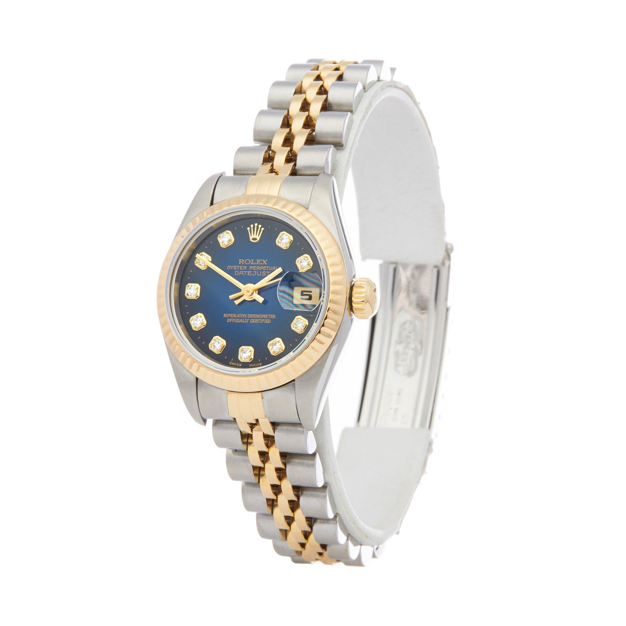 Xupes Reference: W007433
Manufacturer: Rolex
Model: Datejust
Model Variant: 26
Model Number: 69173
Age: 1997
Gender: Ladies
Complete With: Rolex Box
Dial: Blue Graduated With Diamond Markers
Glass: Sapphire Crystal
Case Size: 26mm
Case Material:
