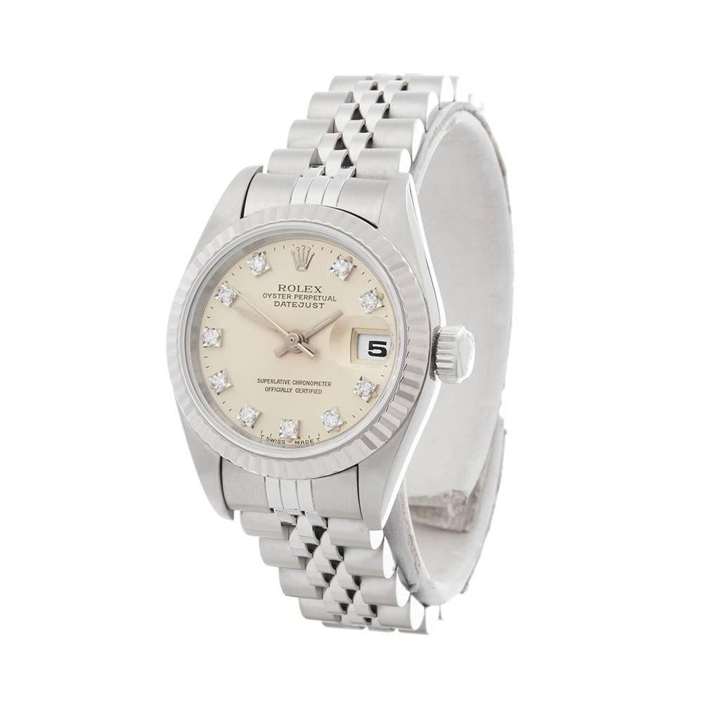 Ref: W5178
Manufacturer: Rolex
Model: Datejust
Model Ref: 69174
Age: 
Gender: Ladies
Complete With: Xupes Presentation Box
Dial: Silver Diamonds
Glass: Sapphire Crystal
Movement: Automatic
Water Resistance: To Manufacturers Specifications
Case: