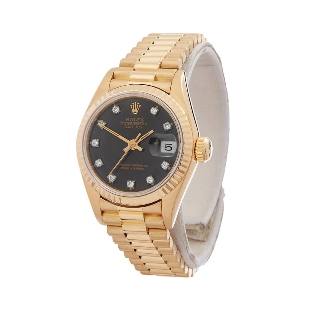 Ref: W4887
Manufacturer: Rolex
Model: Datejust
Model Ref: 69178
Age: 
Gender: Ladies
Complete With: Box Only
Dial: Chocolate & Diamond Markers
Glass: Sapphire Crystal
Movement: Automatic
Water Resistance: To Manufacturers Specifications
Case: 18k