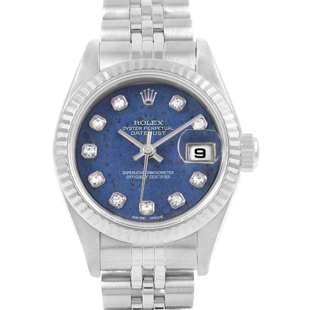 Rolex Datejust 26 Blue Sodalite Diamond Steel Ladies Watch 79174. Officially certified chronometer automatic self-winding movement. Stainless steel oyster case 26.0 mm in diameter. Rolex logo on a crown. 18k white gold fluted bezel. Scratch