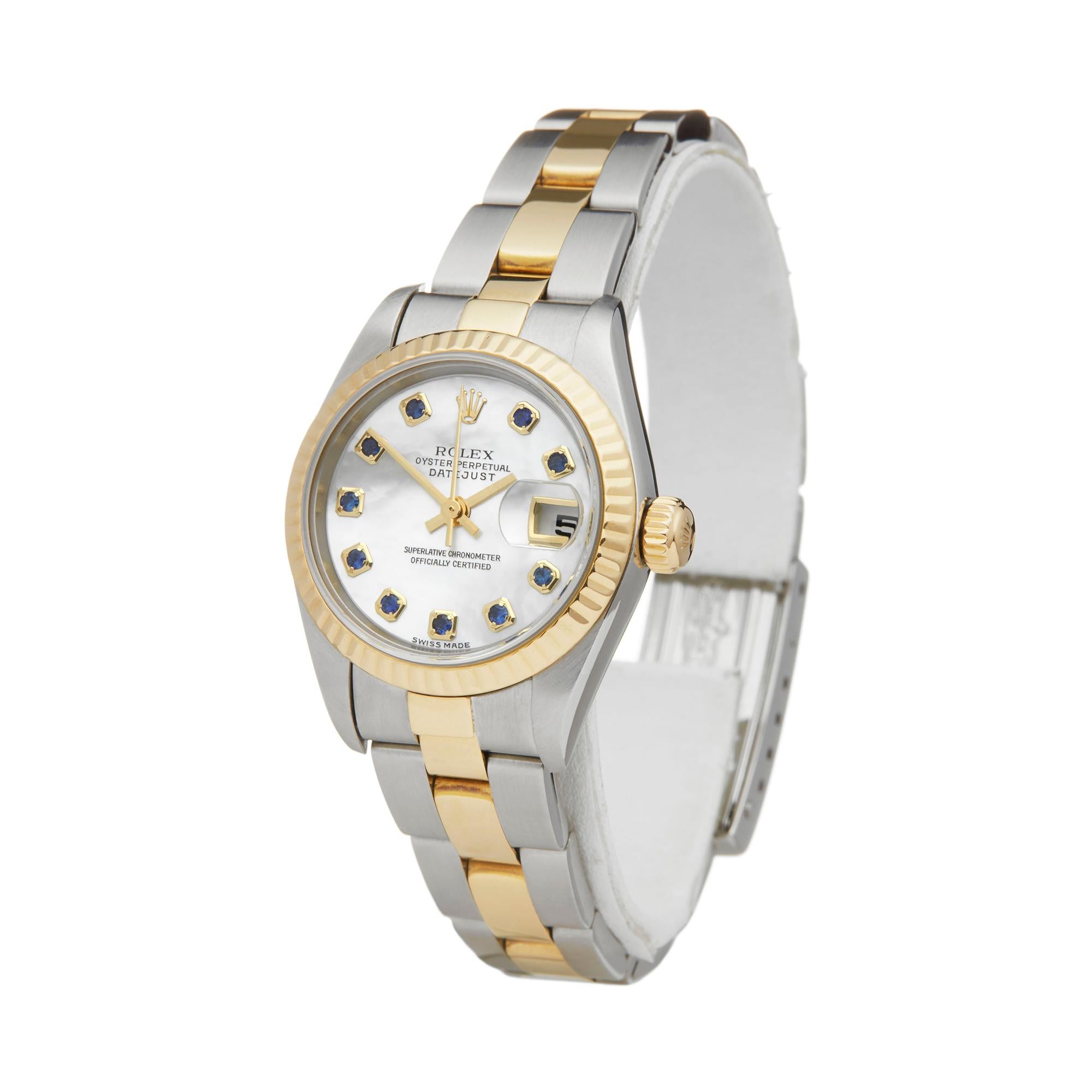 Reference: W6091
Manufacturer: Rolex
Model: Datejust
Model Reference: 79173
Age: Circa 2002
Gender: Women's
Box and Papers: Box Manuals and Swing Tags
Dial: Mother Of Pearl Sapphire
Glass: Sapphire Crystal
Movement: Automatic
Water Resistance: To