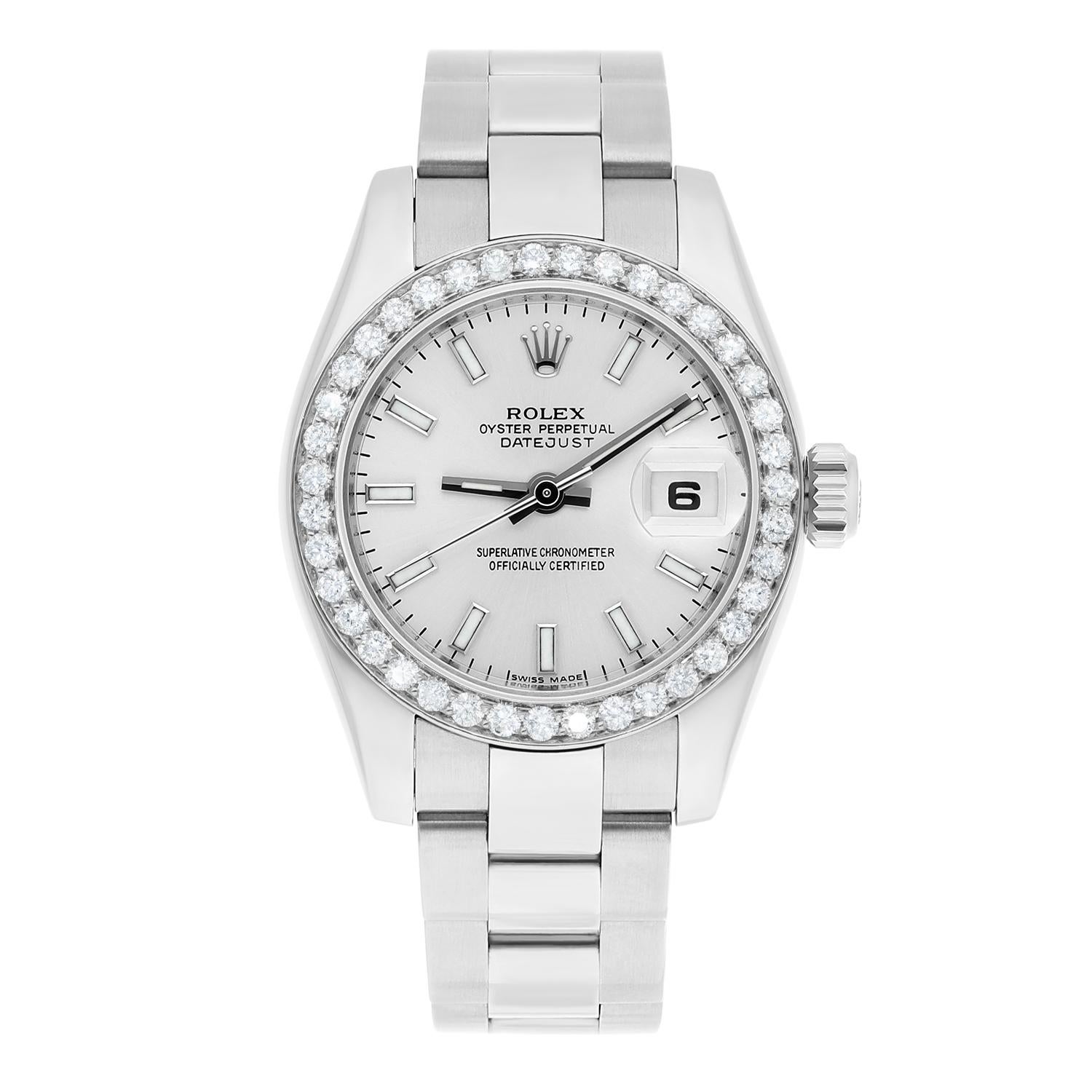 Brand: Rolex Series: Datejust Model: 179160 Case Diameter: 26 mm Bracelet: Oyster band; stainless steel Bezel: Custom diamond set Dial: Silver Index Carat Weight: 1.20 carats in total diamond weight The sale includes a jewelry watch box and an