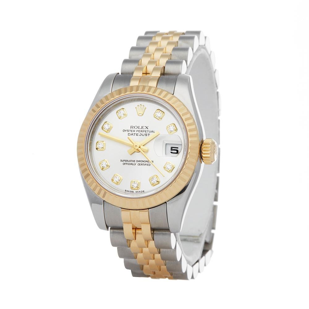 Ref: W5413
Manufacturer: Rolex
Model: Datejust
Model Ref: 179173 G
Age: 
Gender: Ladies
Complete With: Presentation Box
Dial: Silver Diamonds
Glass: Sapphire Crystal
Movement: Automatic
Water Resistance: To Manufacturers Specifications
Case:
