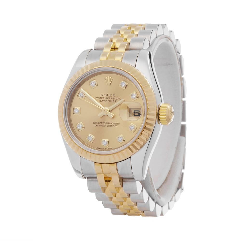 Ref: W4744
Manufacturer: Rolex
Model: Datejust
Model Ref: 179173
Age: 2005
Gender: Ladies
Complete With: Box Only
Dial: Champagne Diamond Markers
Glass: Sapphire Crystal
Movement: Automatic
Water Resistance: To Manufacturers Specifications
Case: