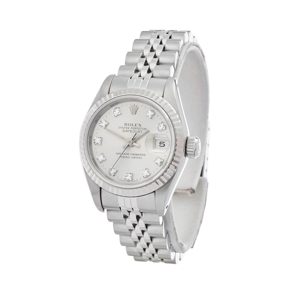 Ref: W4589
Manufacturer: Rolex
Model: Datejust
Model Ref: 69174
Age: Circa 1990
Gender: Women's
Box and Paper: Box Only
Dial: Silver Diamonds
Glass: Sapphire Crystal
Movement: Automatic
Water Resistance: To Manufacturers Specifications
Case: