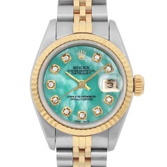 Rolex Montre Datejust 26 en acier et or 18 carats avec cadran personnalisé en turquoise verte et diamants 69173