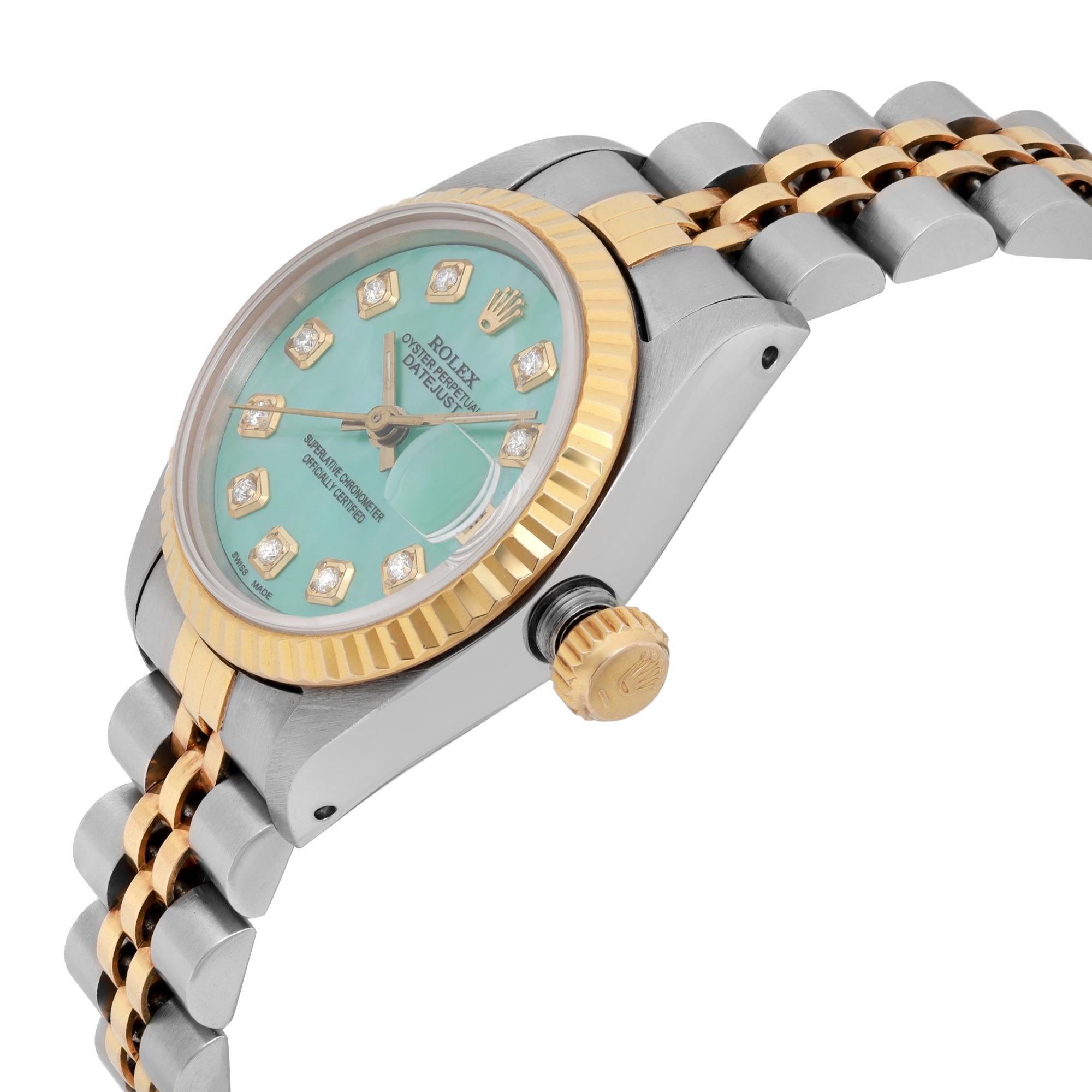 Rolex Montre Datejust 26 en acier et or 18 carats avec cadran personnalisé en turquoise verte et diamants 69173 Bon état - En vente à New York, NY