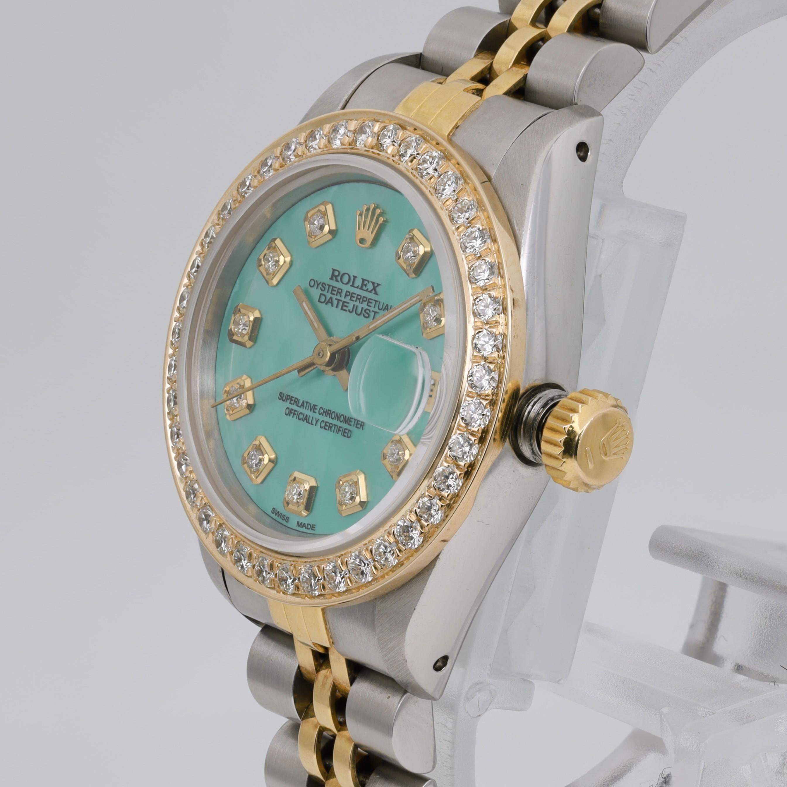 Rolex Datejust 26 Steel 18K Gold Custom Green Turquoise Diamond Dial Watch 69173 In Good Condition For Sale In New York, NY