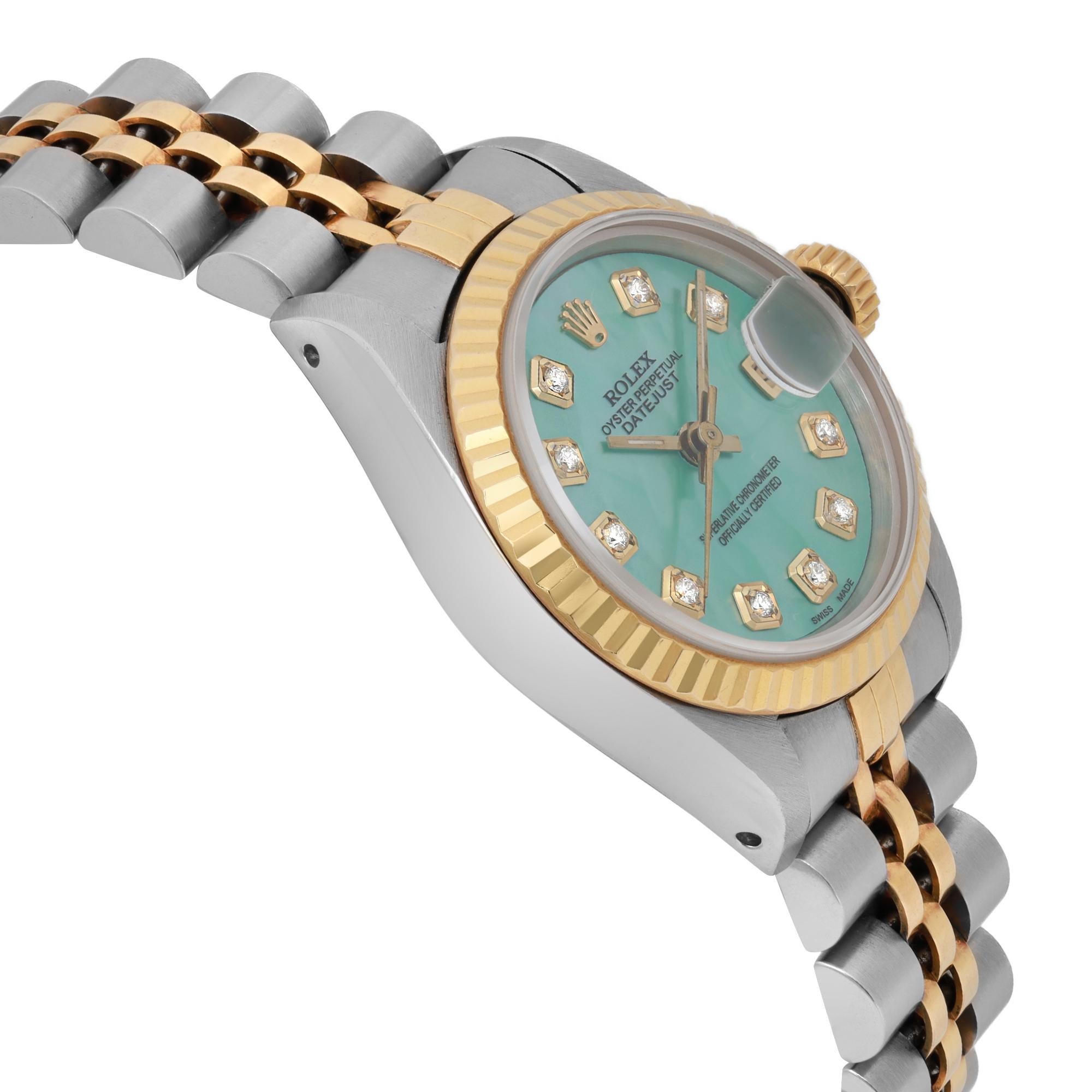 Rolex Montre Datejust 26 en acier et or 18 carats avec cadran personnalisé en turquoise verte et diamants 69173 Pour femmes en vente