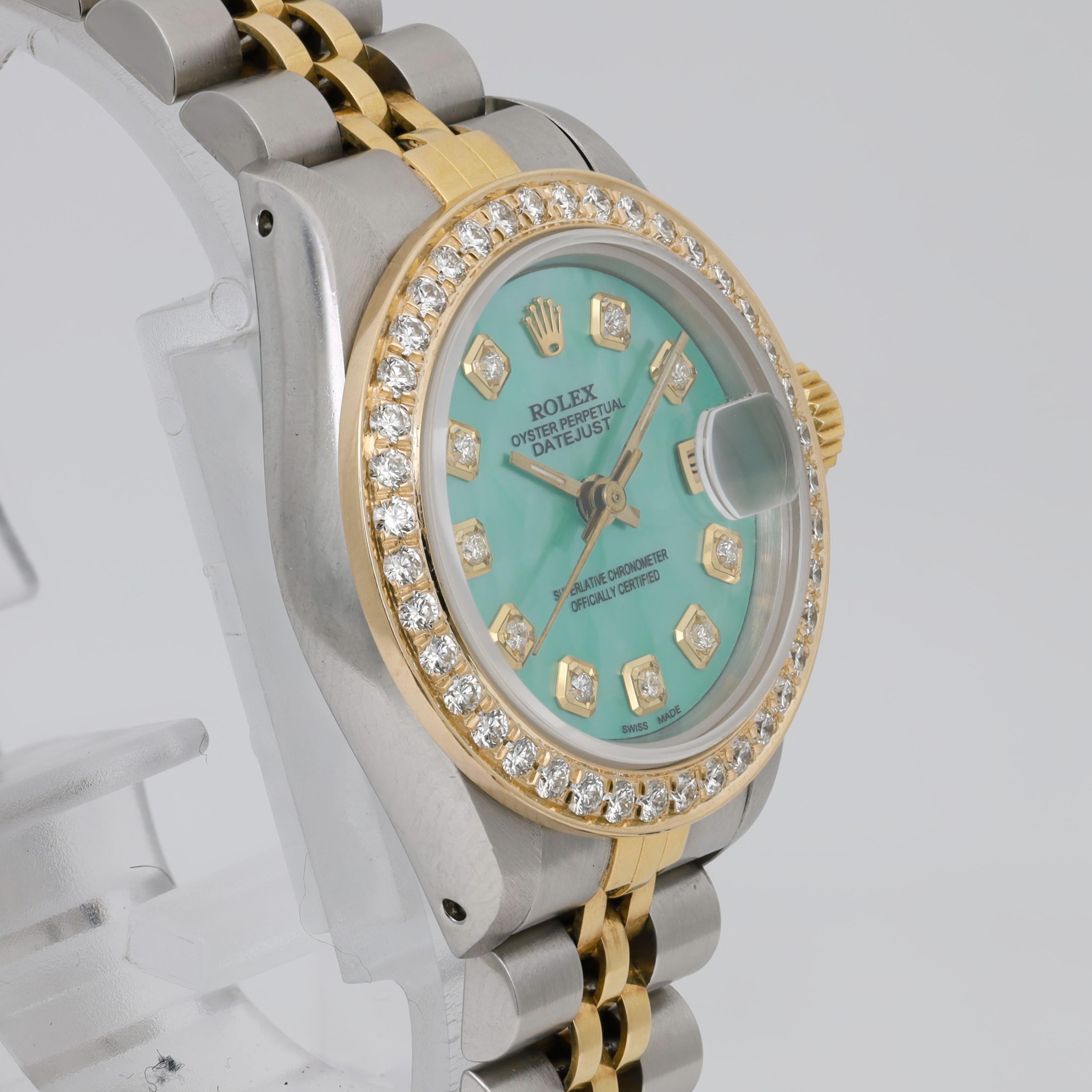 Women's Rolex Datejust 26 Steel 18K Gold Custom Green Turquoise Diamond Dial Watch 69173 For Sale
