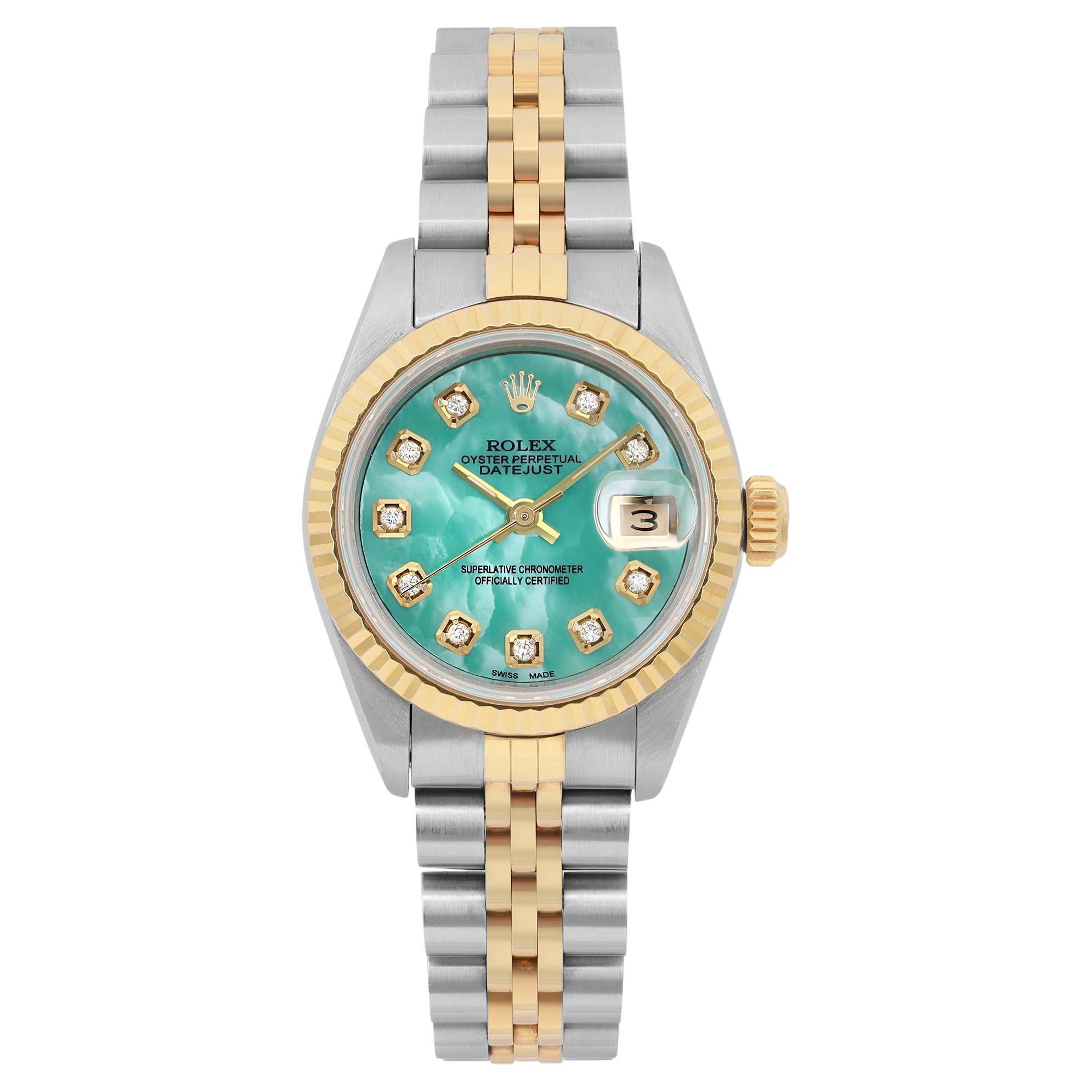 Rolex Montre Datejust 26 en acier et or 18 carats avec cadran personnalisé en turquoise verte et diamants 69173 en vente