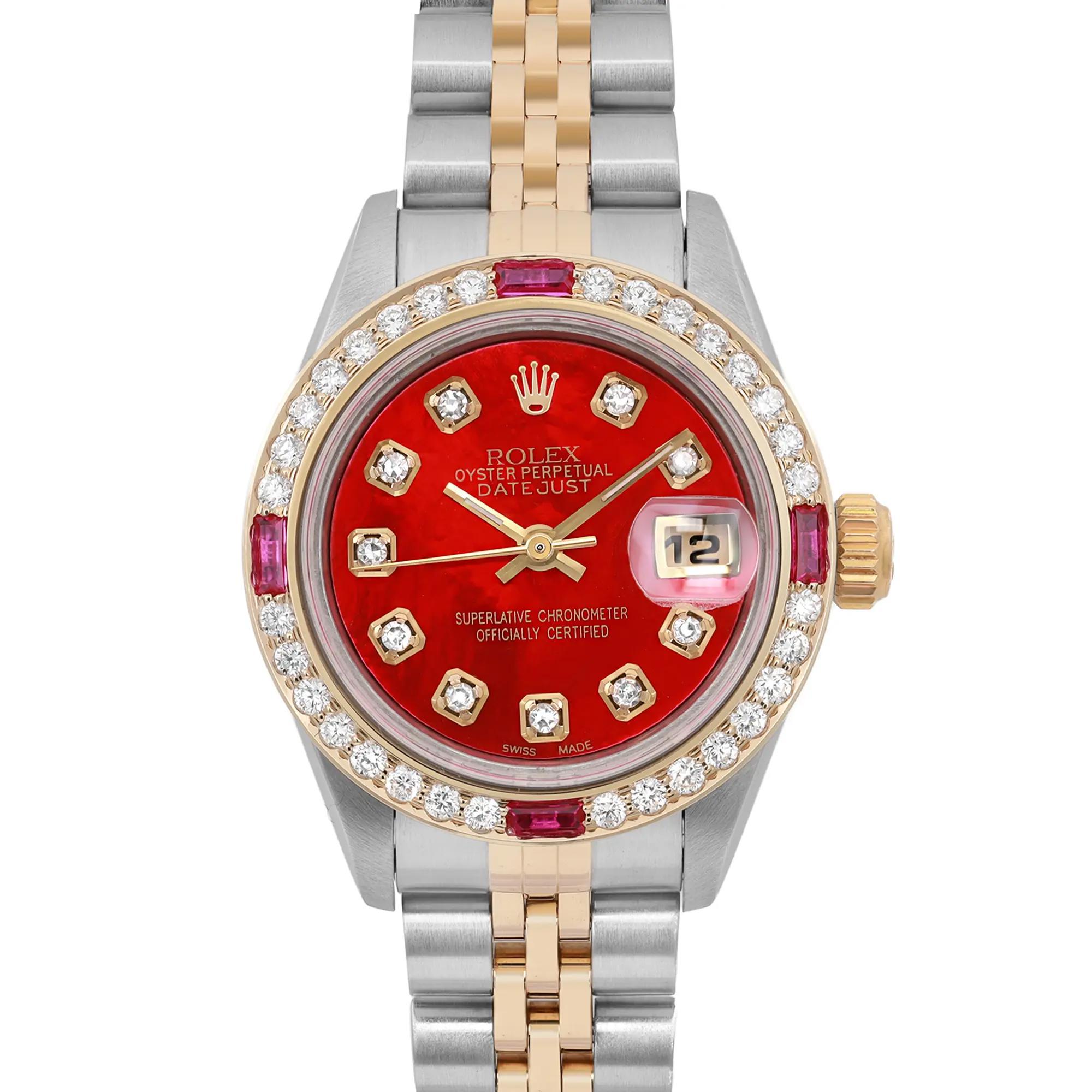 Rolex Montre Datejust 26 en acier 18 carats avec cadran et lunette MOP rouges personnalisés 69173 Bon état - En vente à New York, NY