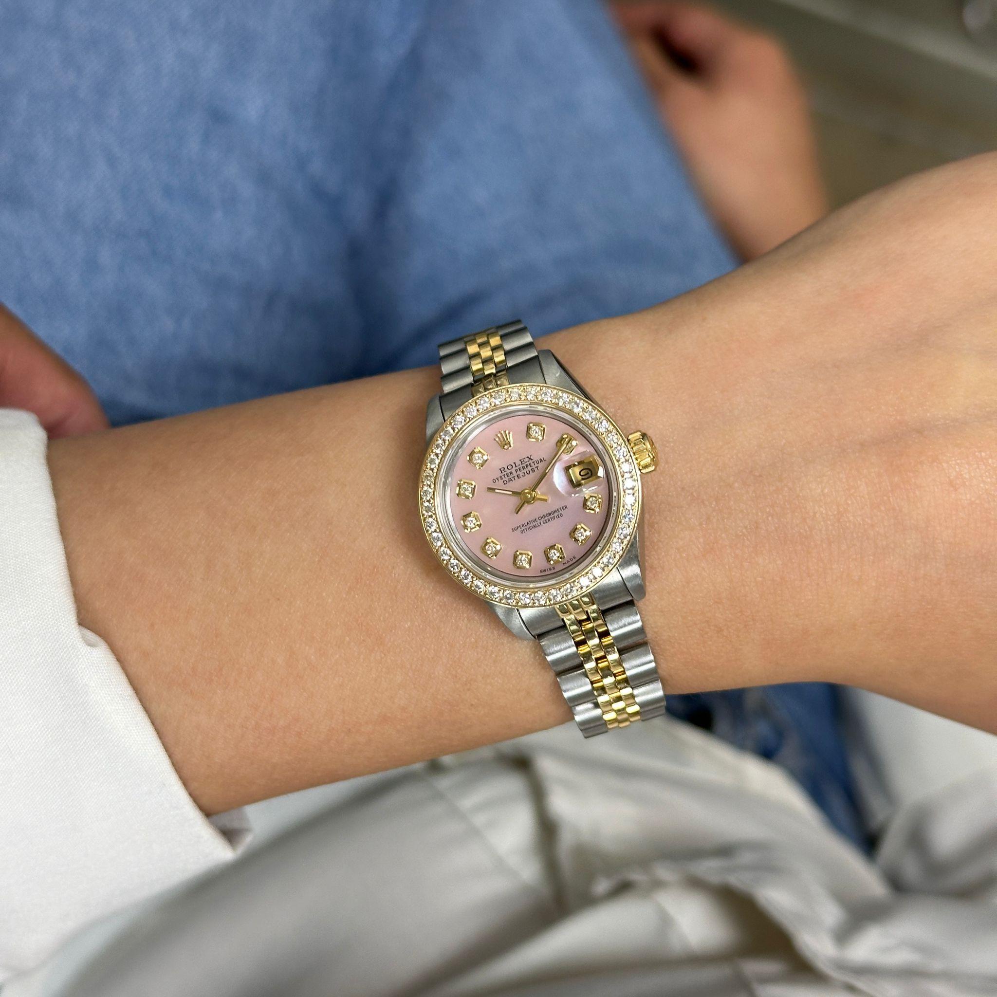 Rolex Datejust 26 Steel 18K Yellow Gold Custom Pink Dial And Bezel Watch 69173 For Sale 3