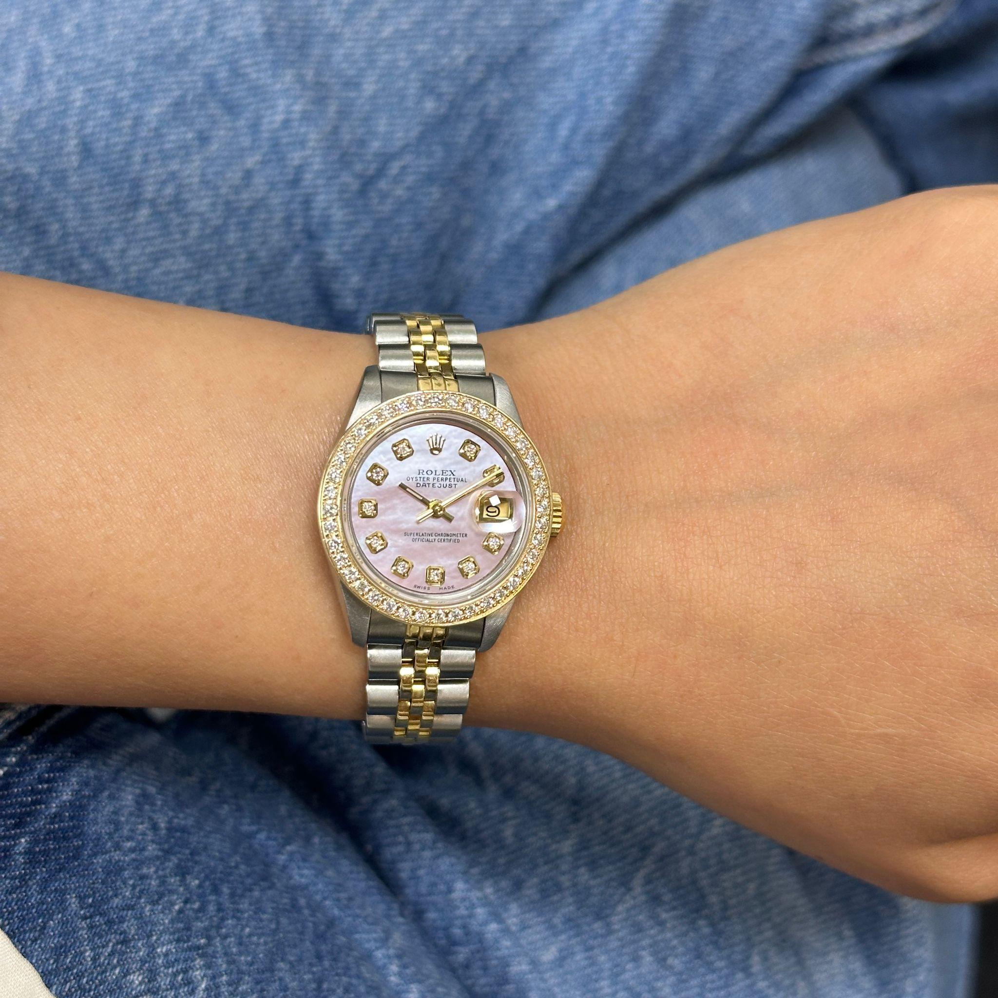 Rolex Datejust 26 Steel 18K Yellow Gold Custom Pink Dial And Bezel Watch 69173 For Sale 4