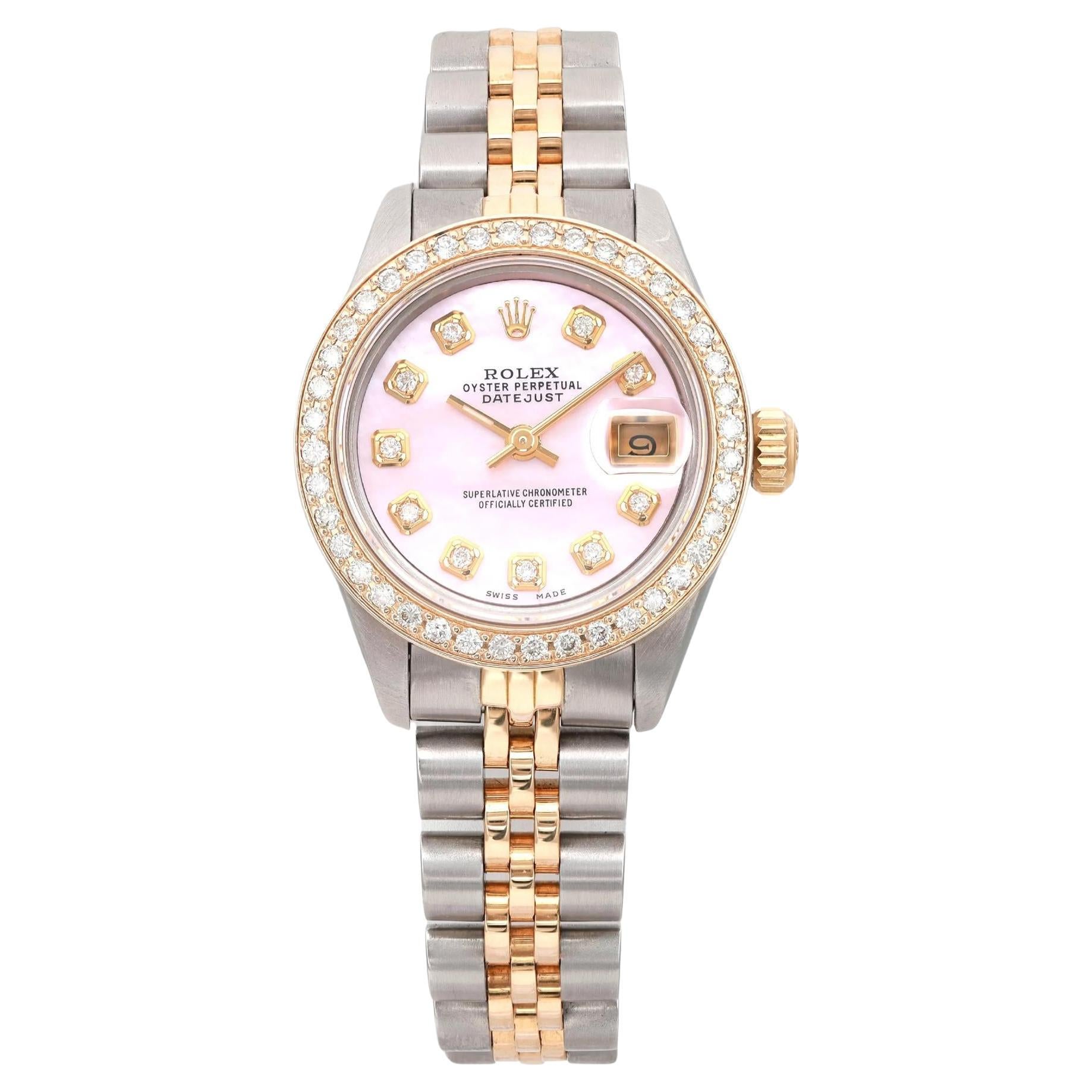 Rolex Datejust 26 Stahl 18K Gelbgold maßgefertigte Uhr mit rosa Zifferblatt und Lünette 69173