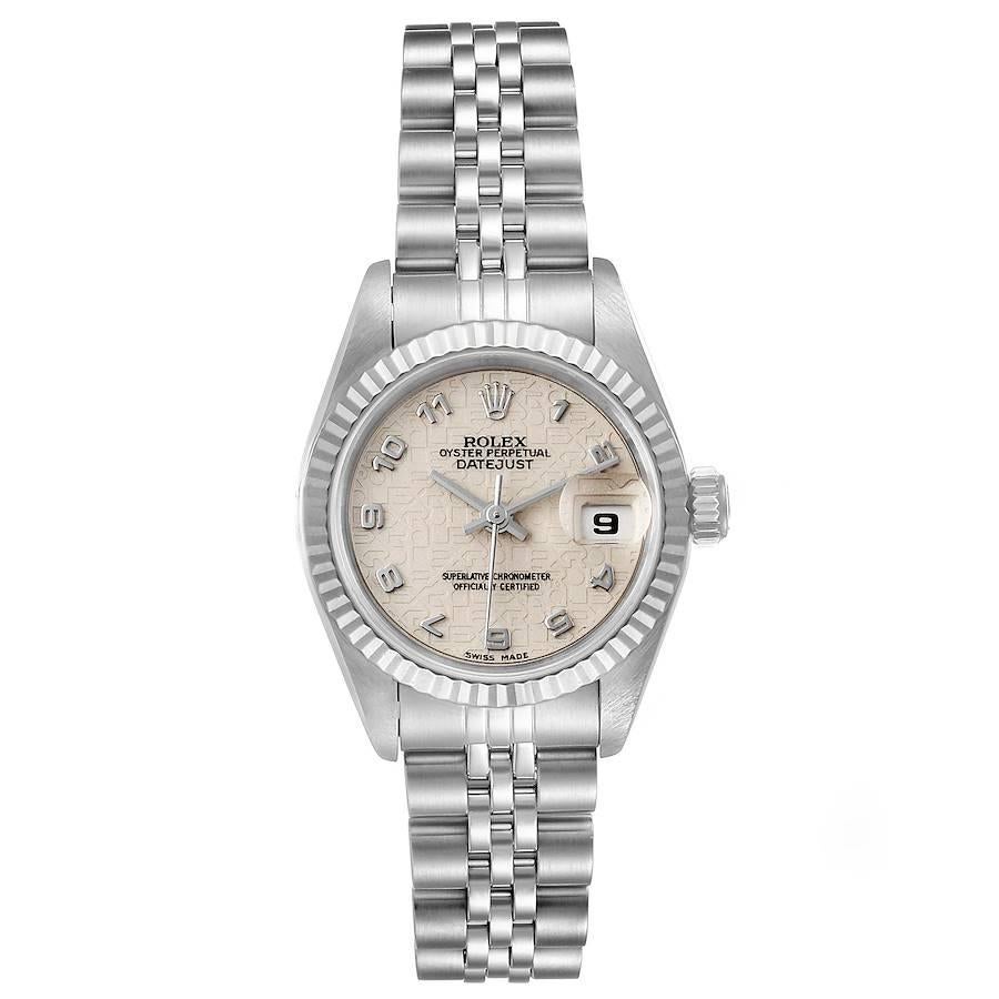 Rolex Datejust 26 Steel White Gold Anniversary Dial Ladies Watch 69174. Officially certified chronometer self-winding movement. Stainless steel oyster case 26.0 mm in diameter. Rolex logo on a crown. 18k white gold fluted bezel. 18k white gold