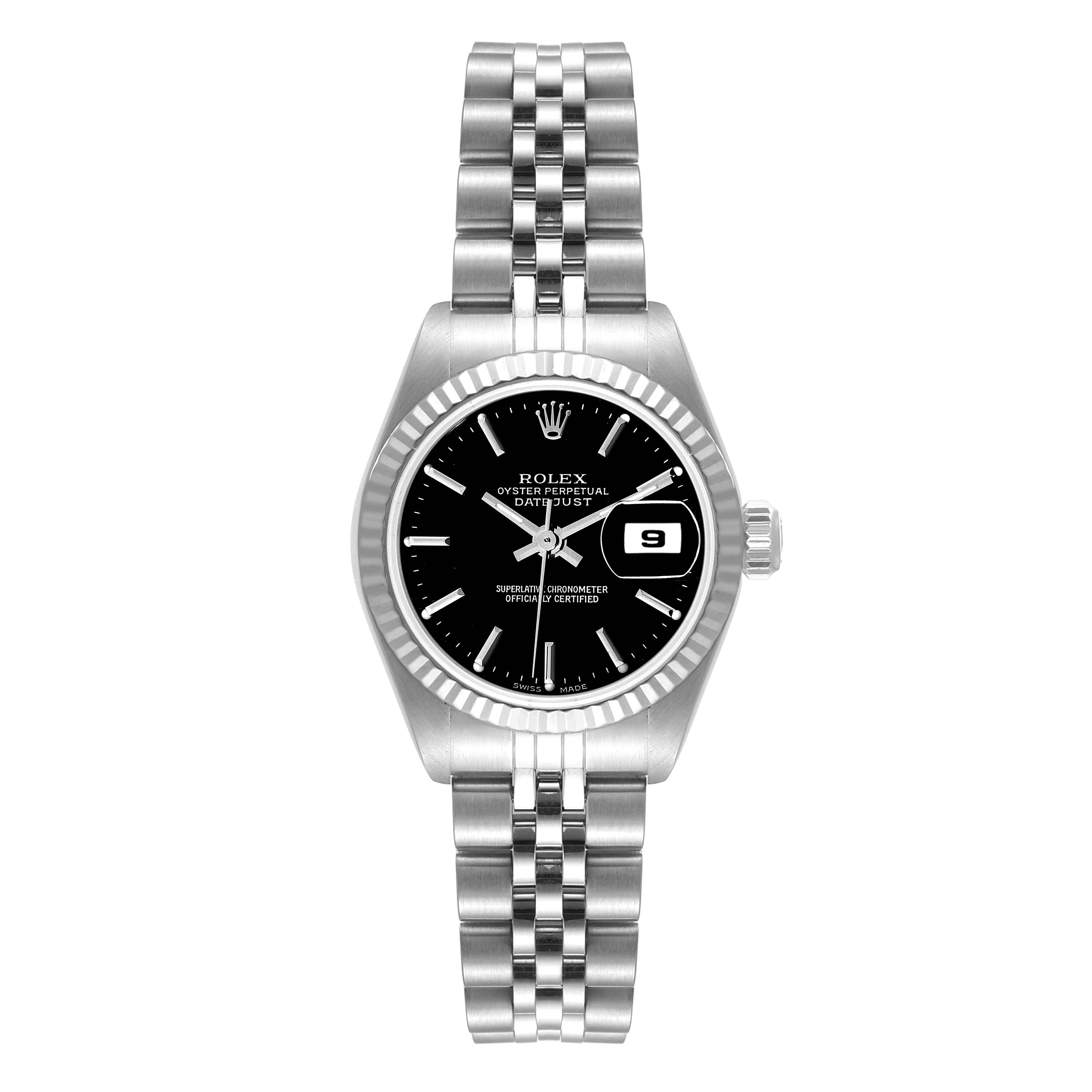 Rolex Datejust 26 Steel White Gold Black Dial Ladies Watch 79174. Officially certified chronometer self-winding movement. Stainless steel oyster case 26.0 mm in diameter. Rolex logo on a crown. Stainless steel oyster case 26.0 mm in diameter. Rolex