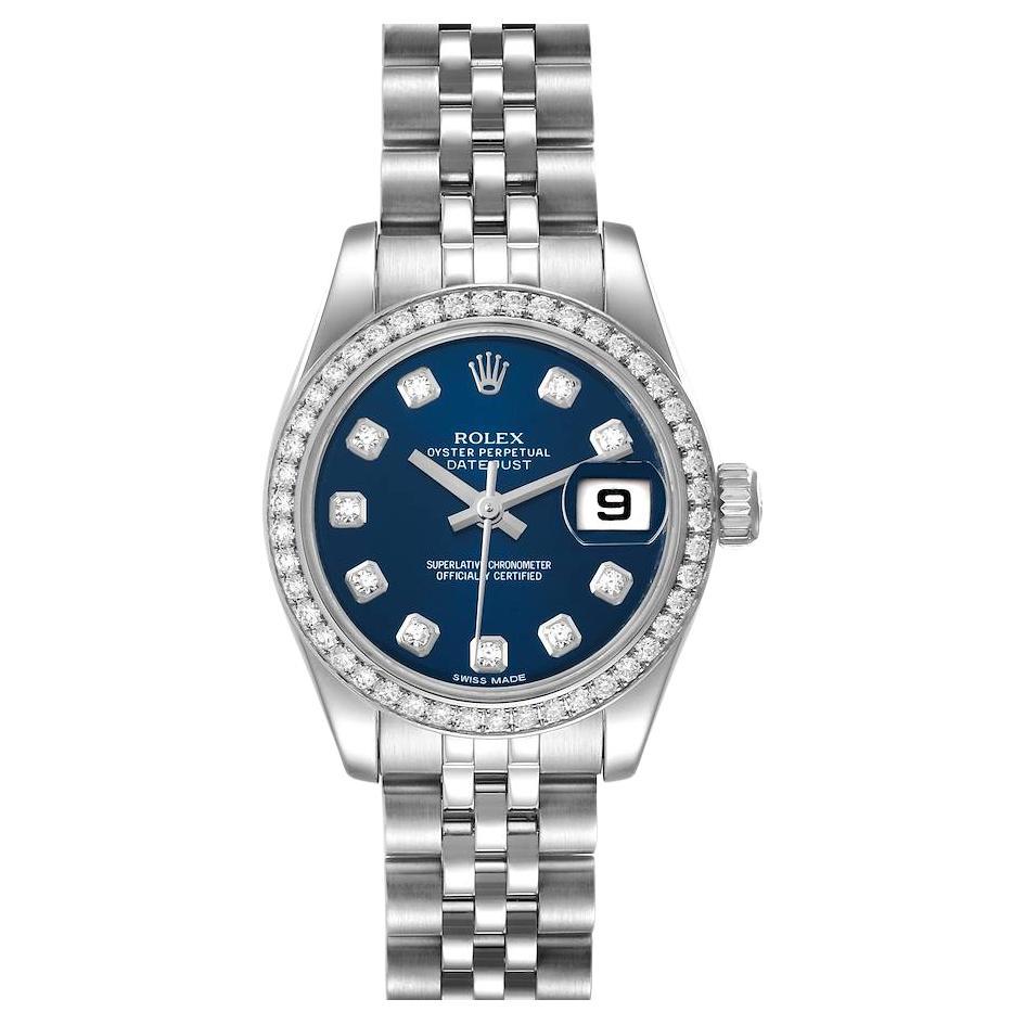 Rolex Montre Datejust 26 en acier, or blanc, cadran bleu et diamants pour femmes 179384