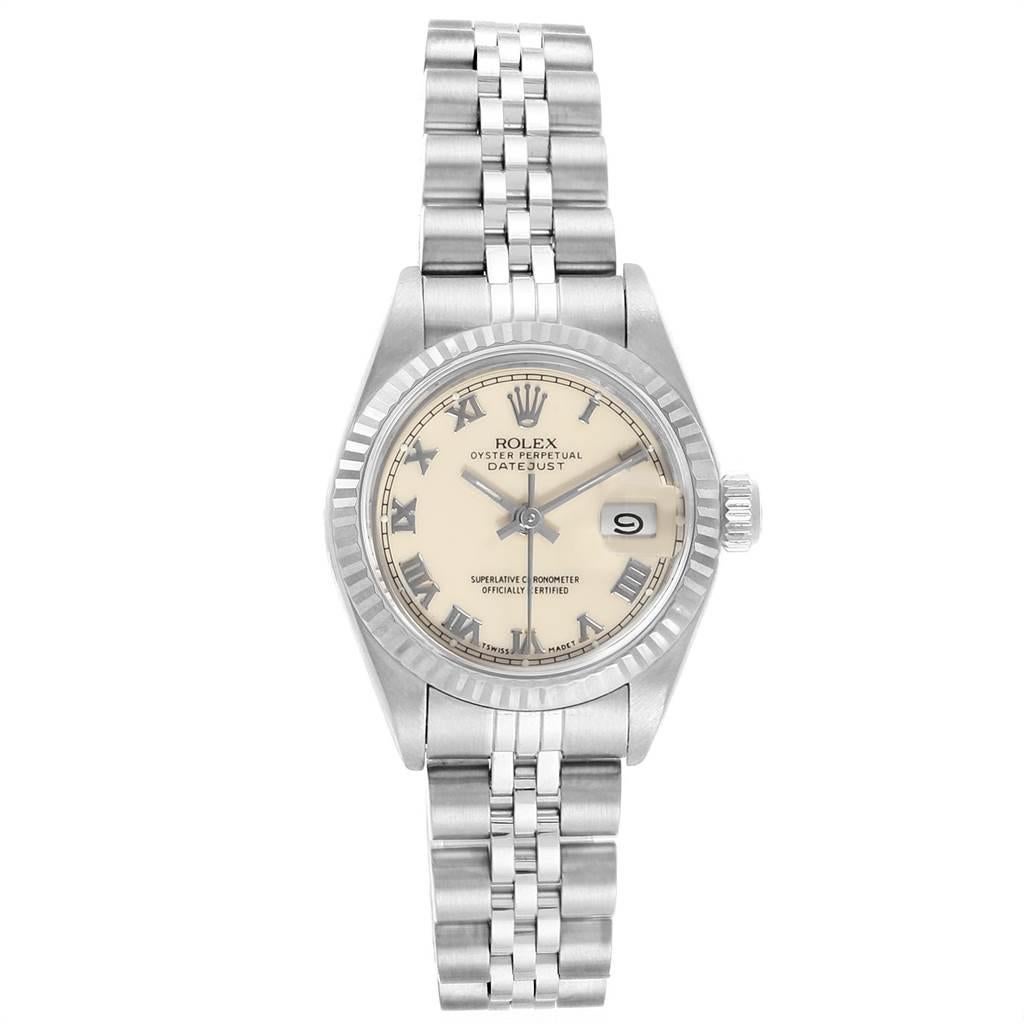 Rolex Datejust 26 Steel White Gold Ivory Roman Dial Ladies Watch 69174 In Excellent Condition In Atlanta, GA