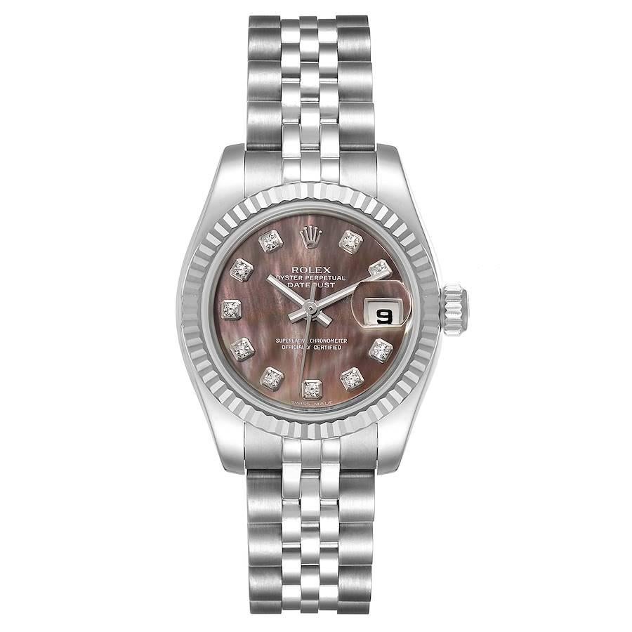 Rolex Datejust 26 Steel White Gold MOP Diamond Ladies Watch 179174. Officially certified chronometer self-winding movement. Stainless steel oyster case 26.0 mm in diameter. Rolex logo on a crown. 18K white gold fluted bezel. Scratch resistant
