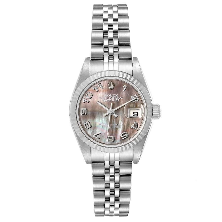 Rolex Datejust 26 Steel White Gold Mother of Pearl Ladies Watch 79174 Box. Officially certified chronometer self-winding movement. Stainless steel oyster case 26.0 mm in diameter. Rolex logo on a crown. 18K white gold fluted bezel. Scratch resistant