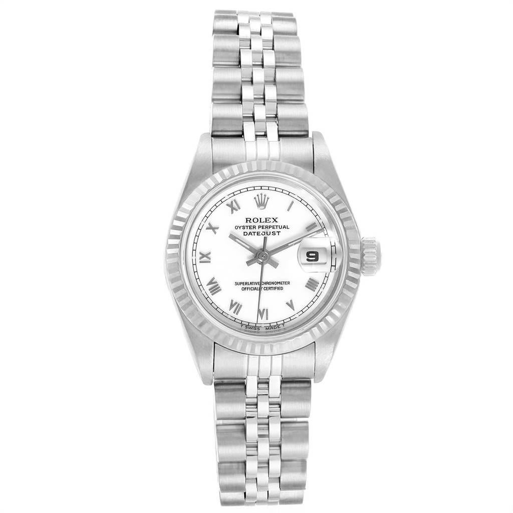 Rolex Datejust 26 Steel White Gold Roman Dial Ladies Watch 69174 . Officially certified chronometer automatic self-winding movement. Stainless steel oyster case 26 mm in diameter. Rolex logo on a crown. 18k white gold fluted bezel. Scratch resistant