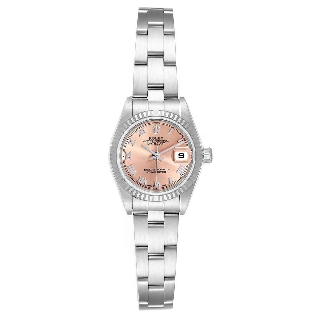 Rolex Datejust 26 Steel White Gold Salmon Dial Ladies Watch 79174. Officially certified chronometer self-winding movement. Stainless steel oyster case 26.0 mm in diameter. Rolex logo on a crown. 18k white gold fluted bezel. Scratch resistant