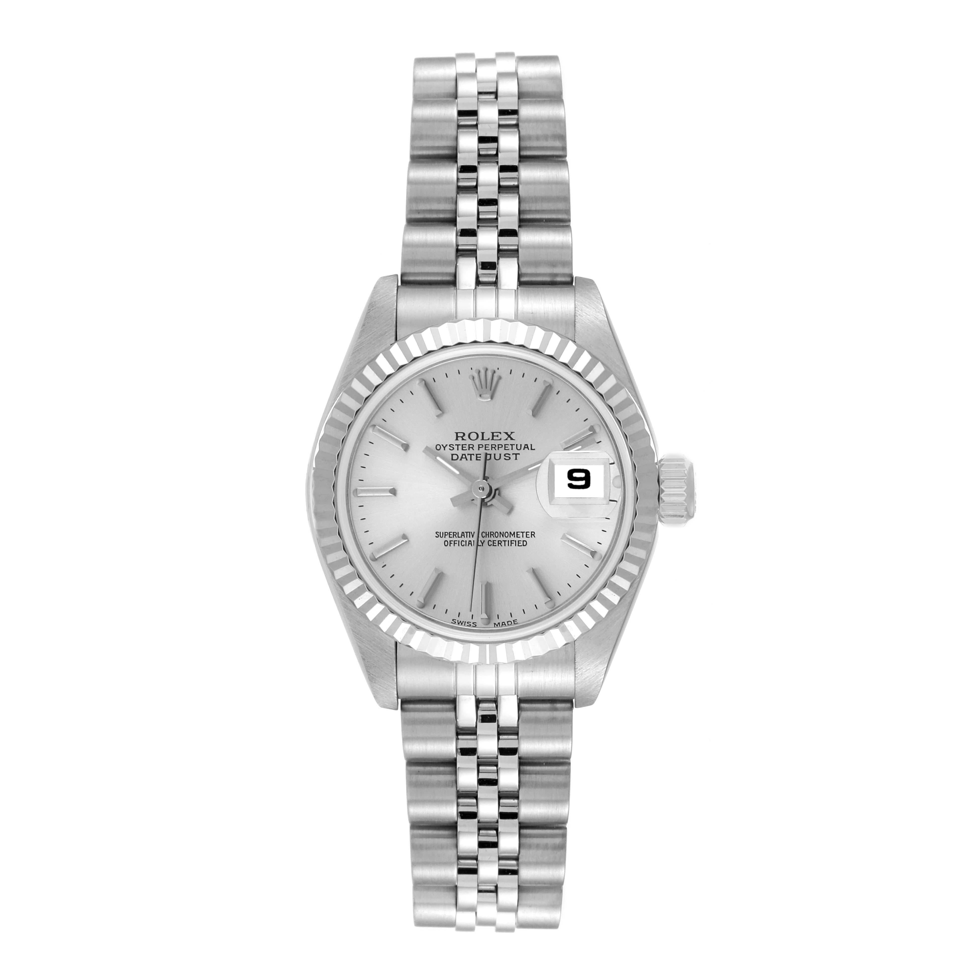 Rolex Datejust 26 Steel White Gold Silver Dial Ladies Watch 79174 Box Papers. Officially certified chronometer automatic self-winding movement. Stainless steel oyster case 26.0 mm in diameter. Rolex logo on a crown. 18k white gold fluted bezel.