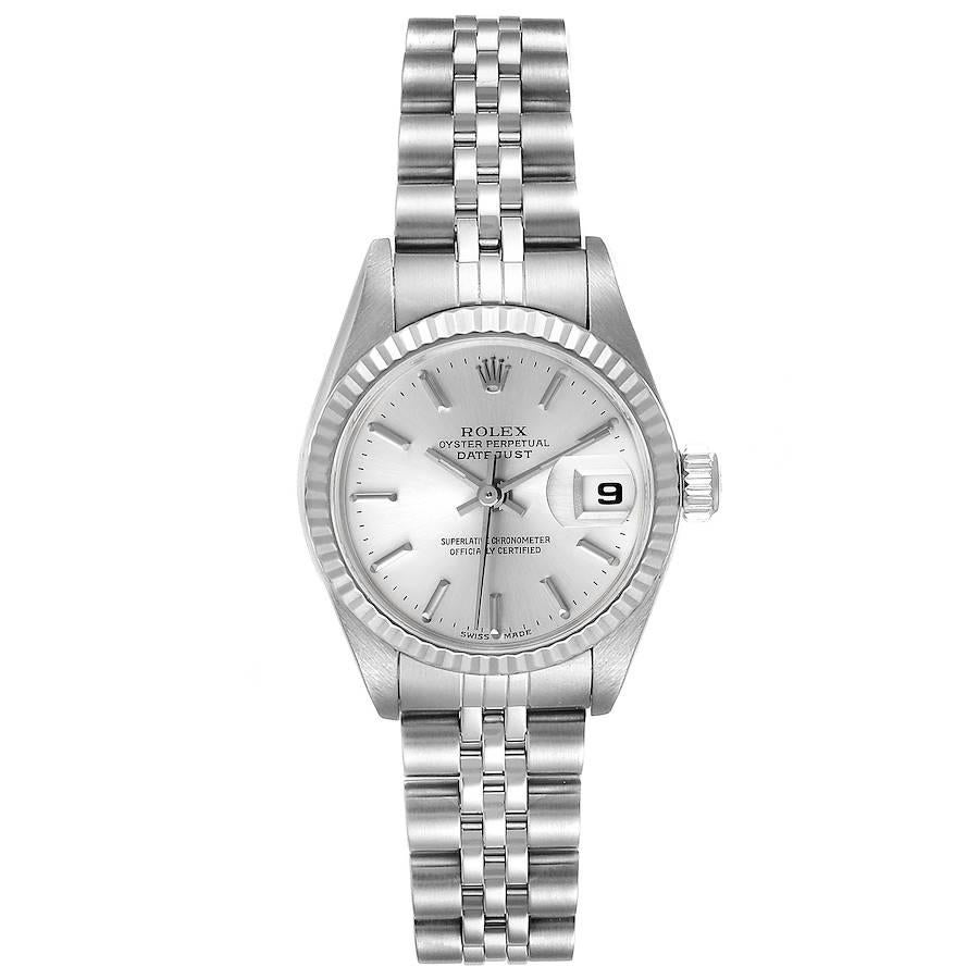 Rolex Datejust 26 Steel White Gold Silver Dial Ladies Watch 79174. Officially certified chronometer self-winding movement. Stainless steel oyster case 26.0 mm in diameter. Rolex logo on a crown. 18k white gold fluted bezel. Scratch resistant