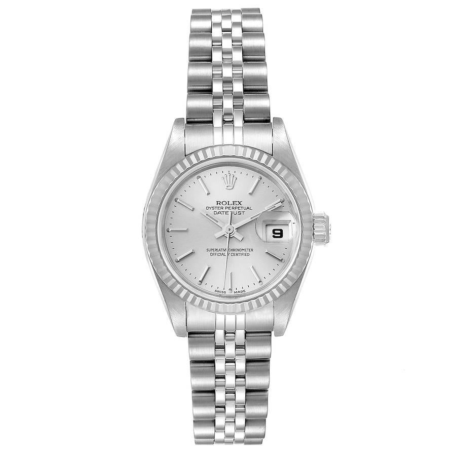 Rolex Datejust 26 Steel White Gold Silver Dial Ladies Watch 79174. Officially certified chronometer self-winding movement. Stainless steel oyster case 26.0 mm in diameter. Rolex logo on a crown. 18k white gold fluted bezel. Scratch resistant