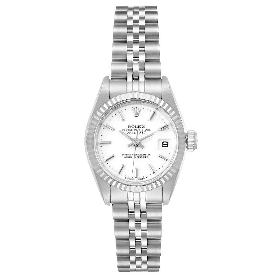 Rolex Datejust 26 Steel White Gold White Dial Ladies Watch 69174. Officially certified chronometer self-winding movement. Stainless steel oyster case 26 mm in diameter. Rolex logo on a crown. 18k white gold fluted bezel. Scratch resistant sapphire
