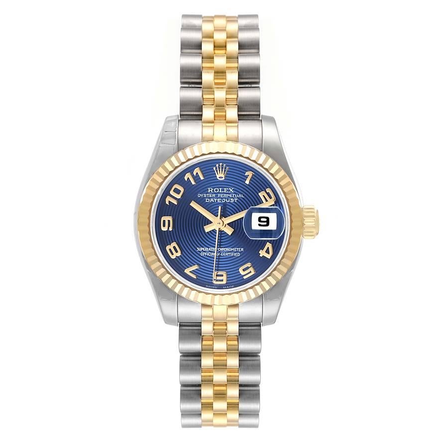 Rolex Datejust 26 Steel Yellow Gold Blue Concentric Dial Watch 179173 Unworn. Officially certified chronometer self-winding movement. Stainless steel oyster case 26.0 mm in diameter. Rolex logo on a 18K yellow gold crown. 18k yellow gold fluted