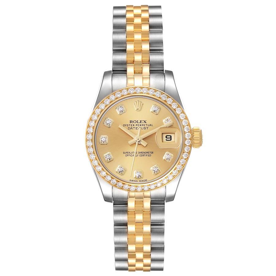 Rolex Datejust 26 Steel Yellow Gold Diamond Bezel Ladies Watch 179383 Box Card. Officially certified chronometer automatic self-winding movement with quickset date function. Stainless steel oyster case 26.0 mm in diameter. Rolex logo on an 18K