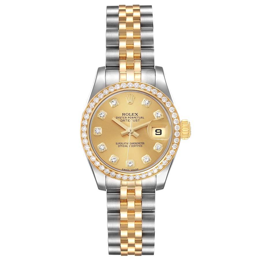 Rolex Datejust 26 Steel Yellow Gold Diamond Bezel Ladies Watch 179383. Officially certified chronometer automatic self-winding movement with quickset date function. Stainless steel oyster case 26.0 mm in diameter. Rolex logo on an 18K yellow gold