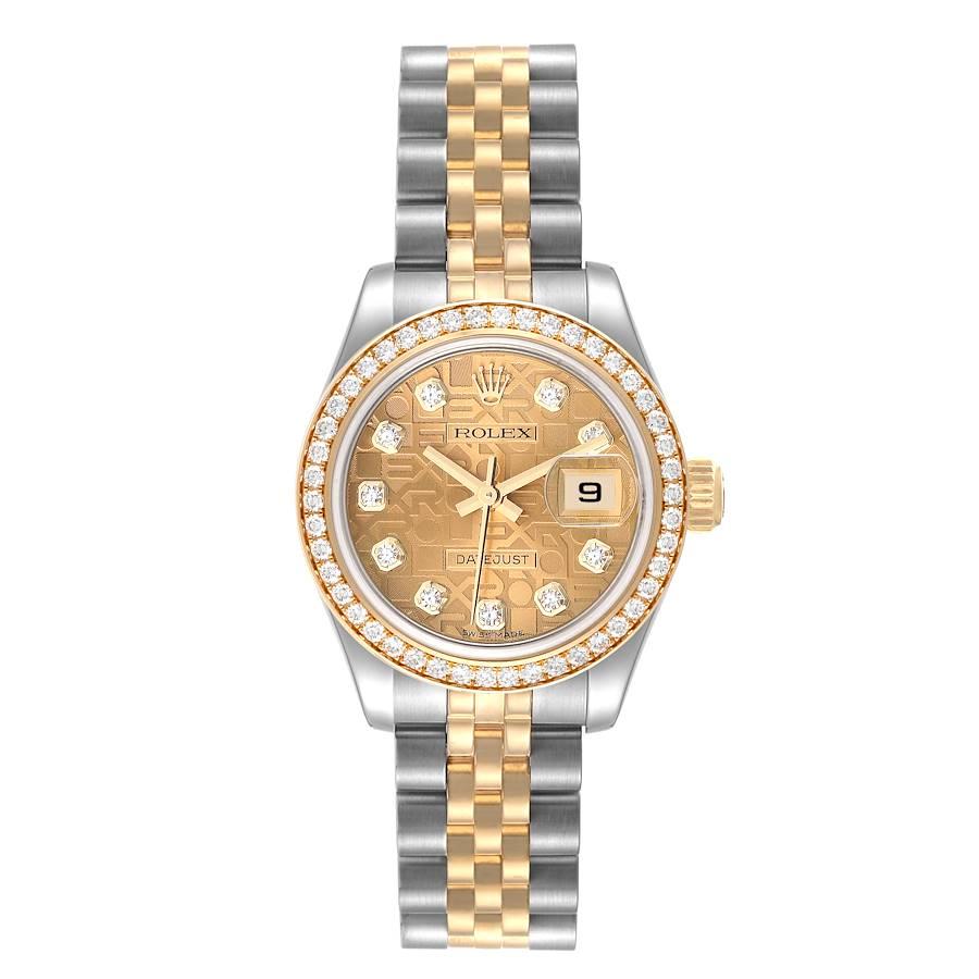Rolex Datejust 26 Steel Yellow Gold Diamond Bezel Ladies Watch 179383. Officially certified chronometer automatic self-winding movement with quickset date function. Stainless steel oyster case 26.0 mm in diameter. Rolex logo on an 18K yellow gold