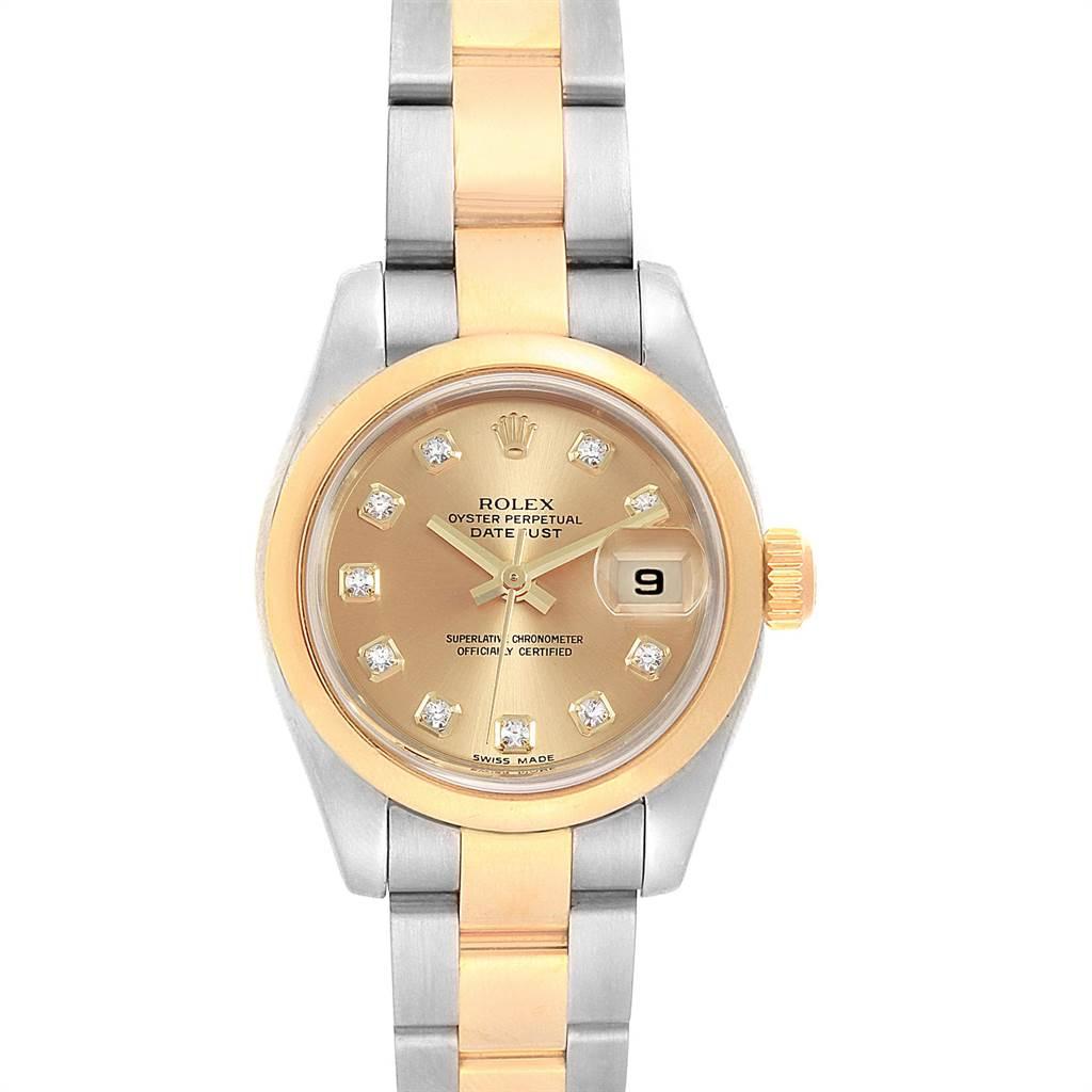 Rolex Datejust 26 Steel Yellow Gold Diamond Ladies Watch 179163. Officially certified chronometer self-winding movement. Stainless steel oyster case 26 mm in diameter. Rolex logo on a 18K yellow gold crown. 18k yellow gold smooth domed bezel.