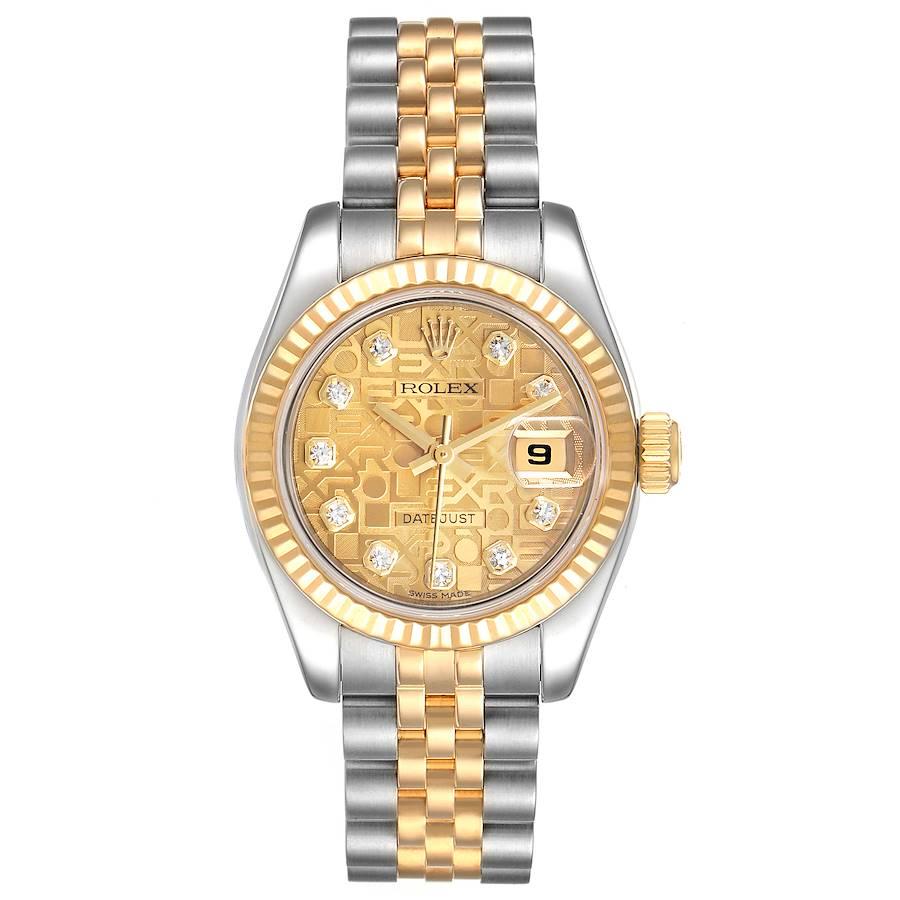 Rolex Datejust 26 Steel Yellow Gold Diamond Ladies Watch 179173 Box Card. Officially certified chronometer self-winding movement. Stainless steel oyster case 26 mm in diameter. Rolex logo on a 18K yellow gold crown. 18k yellow gold diamond bezel.