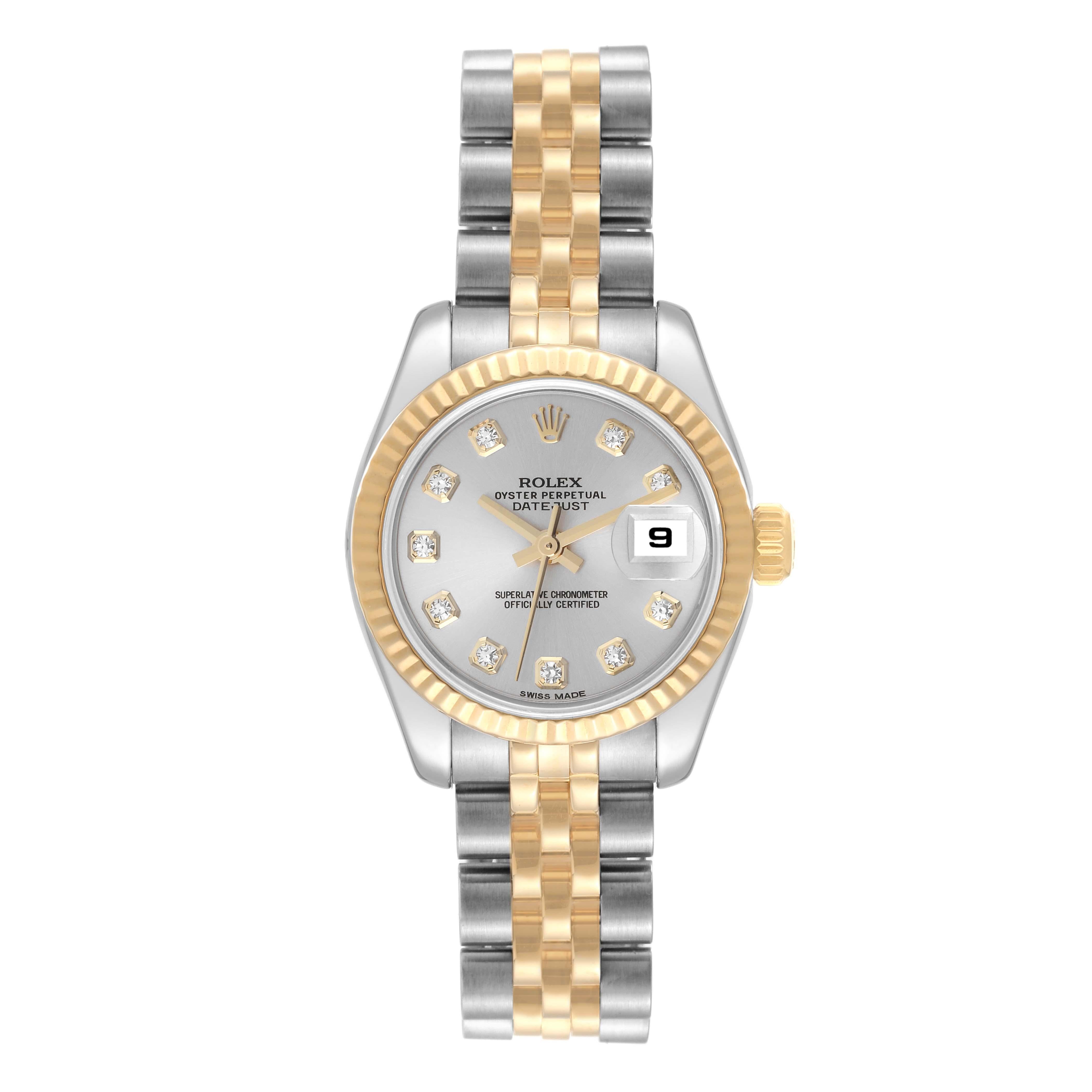 Rolex Datejust 26 Steel Yellow Gold Diamond Ladies Watch 179173. Officially certified chronometer self-winding movement. Stainless steel oyster case 26 mm in diameter. Rolex logo on a 18K yellow gold crown. 18k yellow gold fluted bezel. Scratch